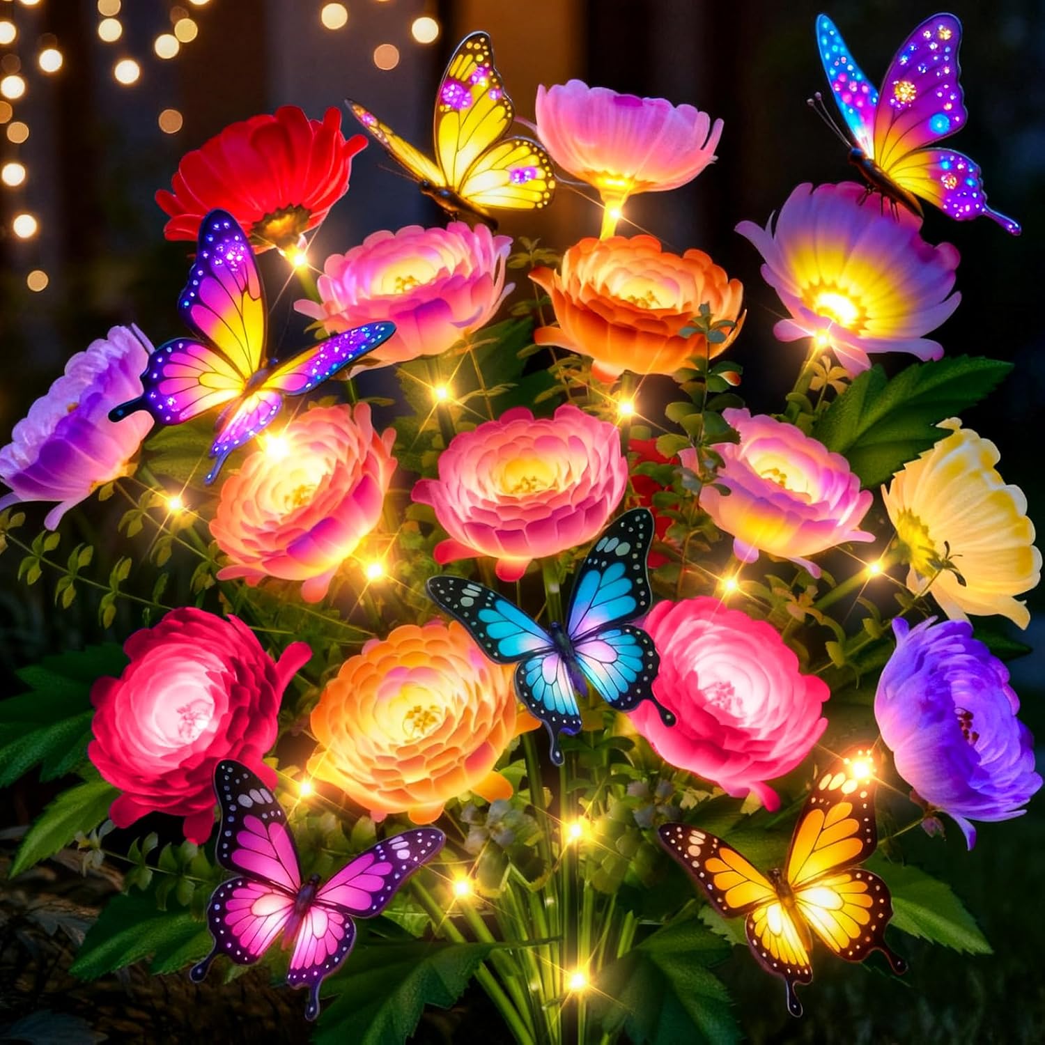 Solar Flowers Lights Outdoor Waterproof: 6 Pack LED Solar Lights Decorative for Outside Garden Decor with Butterfly Auto-On/Off for Yard Landscape Lighting, Gifts for Mom Gardening Enthusiasts