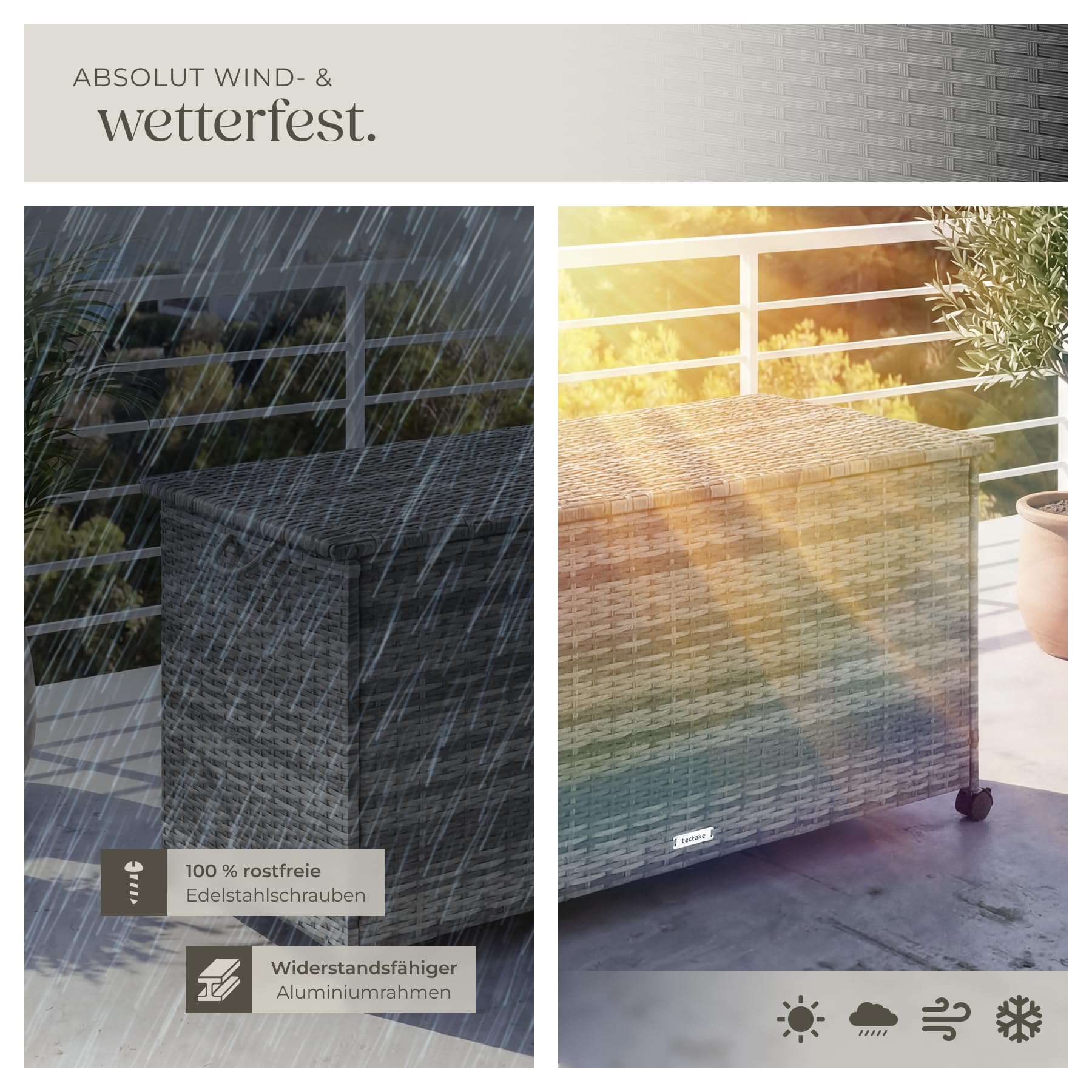 tectake® Auflagenbox 253 l, 116 x 54 x 64 cm, 2 drehbare Rollen mit Feststellbremse, Polyrattan mit Aluminiumrahmen, Gartenmöbel, Outdoor Lagerung, Staubschutzbox, Schutzbox, wetterfest - grau