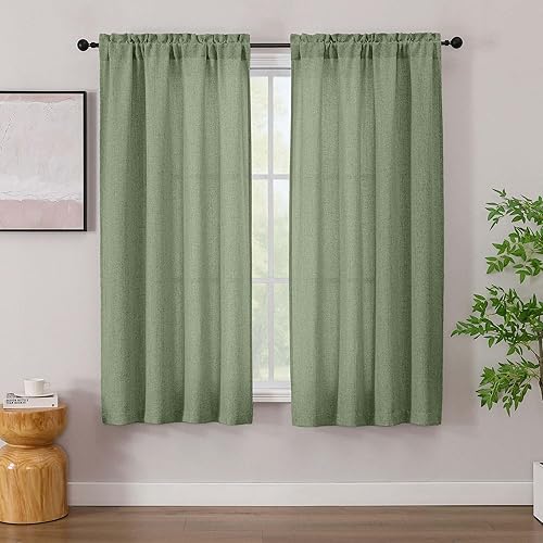 Simplebrand Green Linen Curtains 63 Inch Length 2 Panels, Faux Linen Textured Semi Light Filtering Farmhouse Curtains & Drapes, Soft Airy Slub Window Curtains for Living Room Bedroom, Each 42" Wx63 L