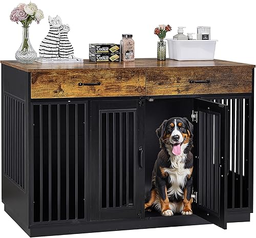VECELO Mueble de jaula para perros medianosgrandes, jaula de madera para perros con cajones, puerta doble, mesa auxiliar para perreras, color marrón