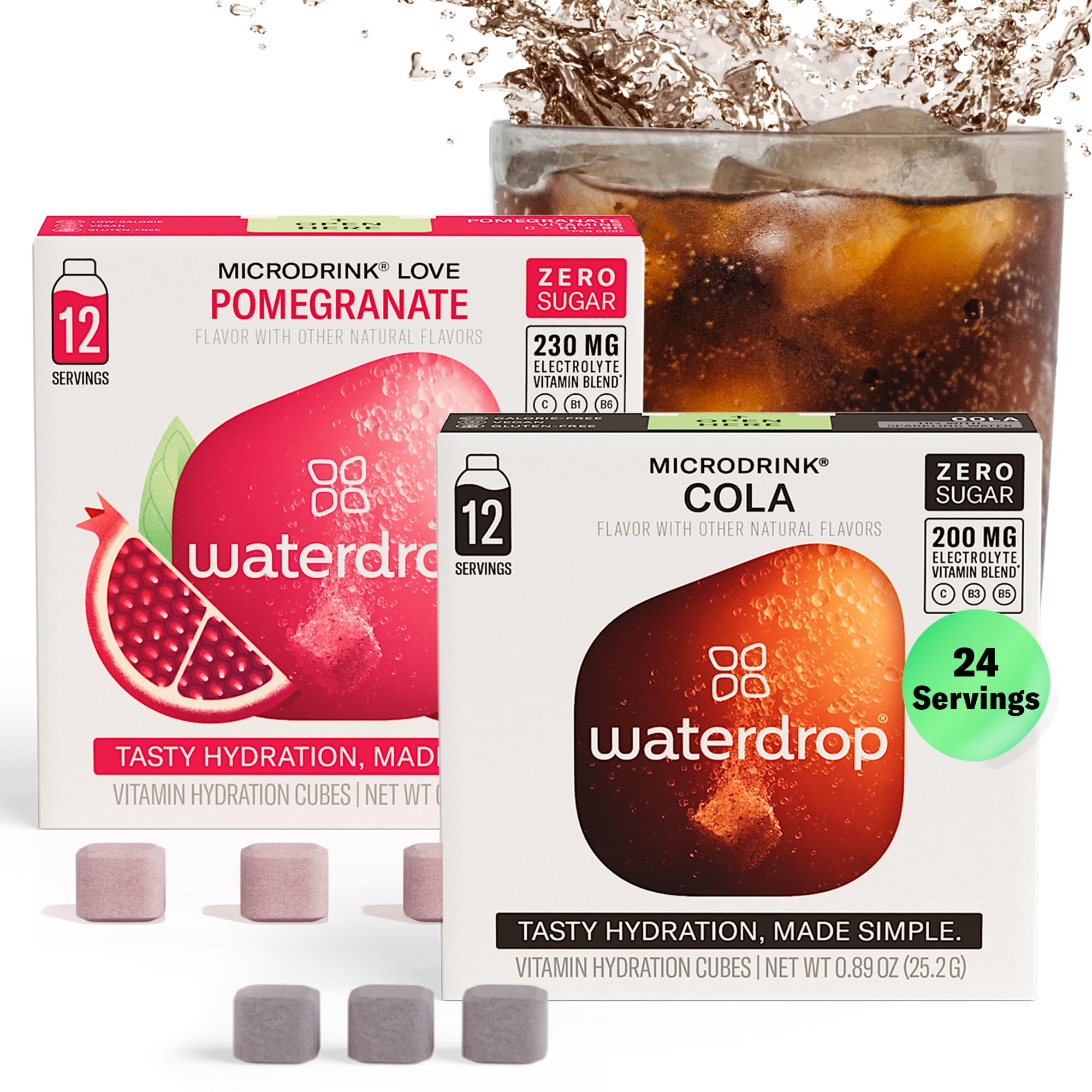 Waterdrop Microdrink Hydration Cubes Variety Pack, Cola & Pomegranate Flavors, Zero Sugar Vitamin Drink Mix with Kola Nut, Goji Berry, Green Coffee,