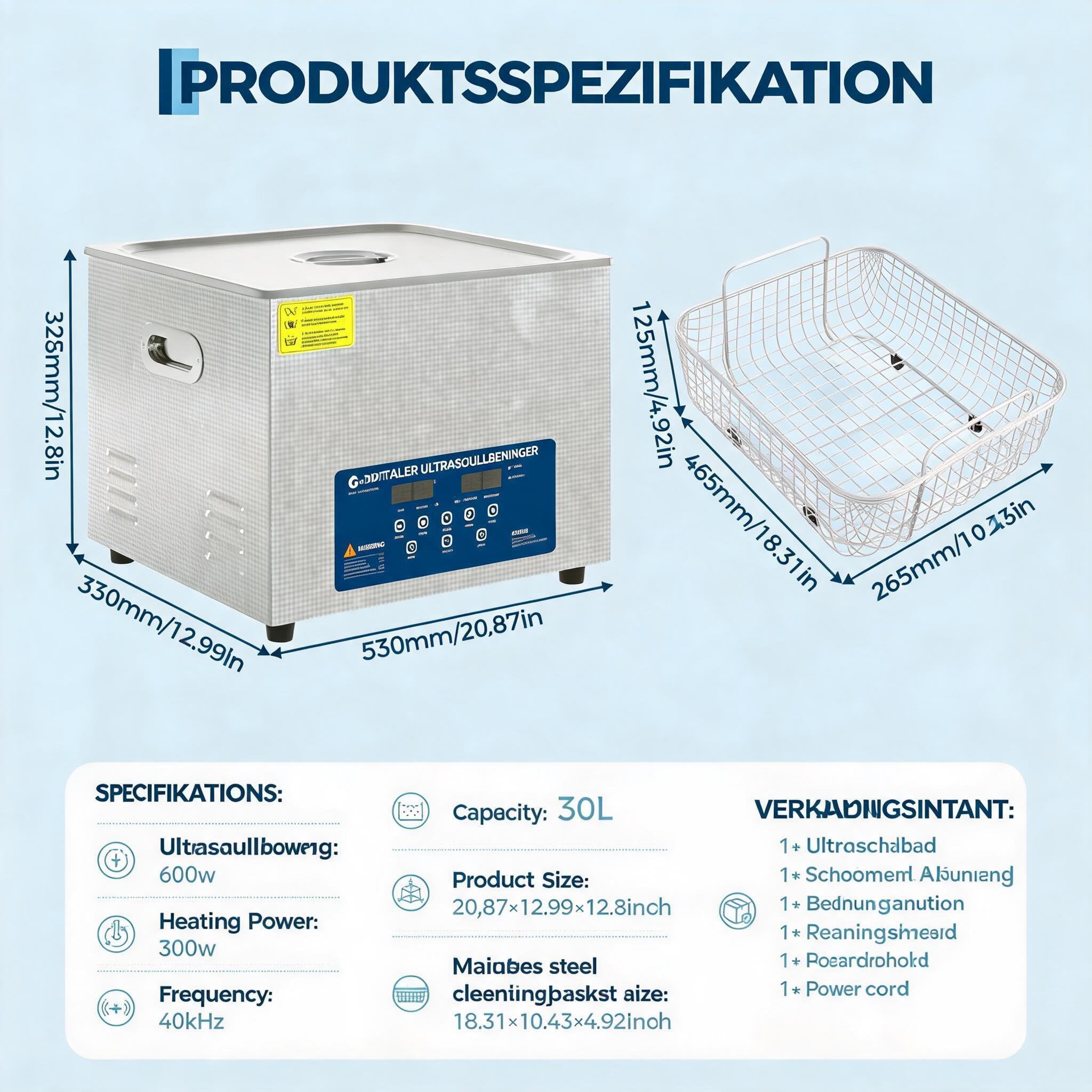 Ultraschallreiniger 30L mit Heizung & Timer, Profi Ultraschallbad Industrie | 40kHz Frequenz; Ablaufhahn; SUS304 Edelstahl; Entgasungsfunktion; Ideal für Klinik & Vergaser