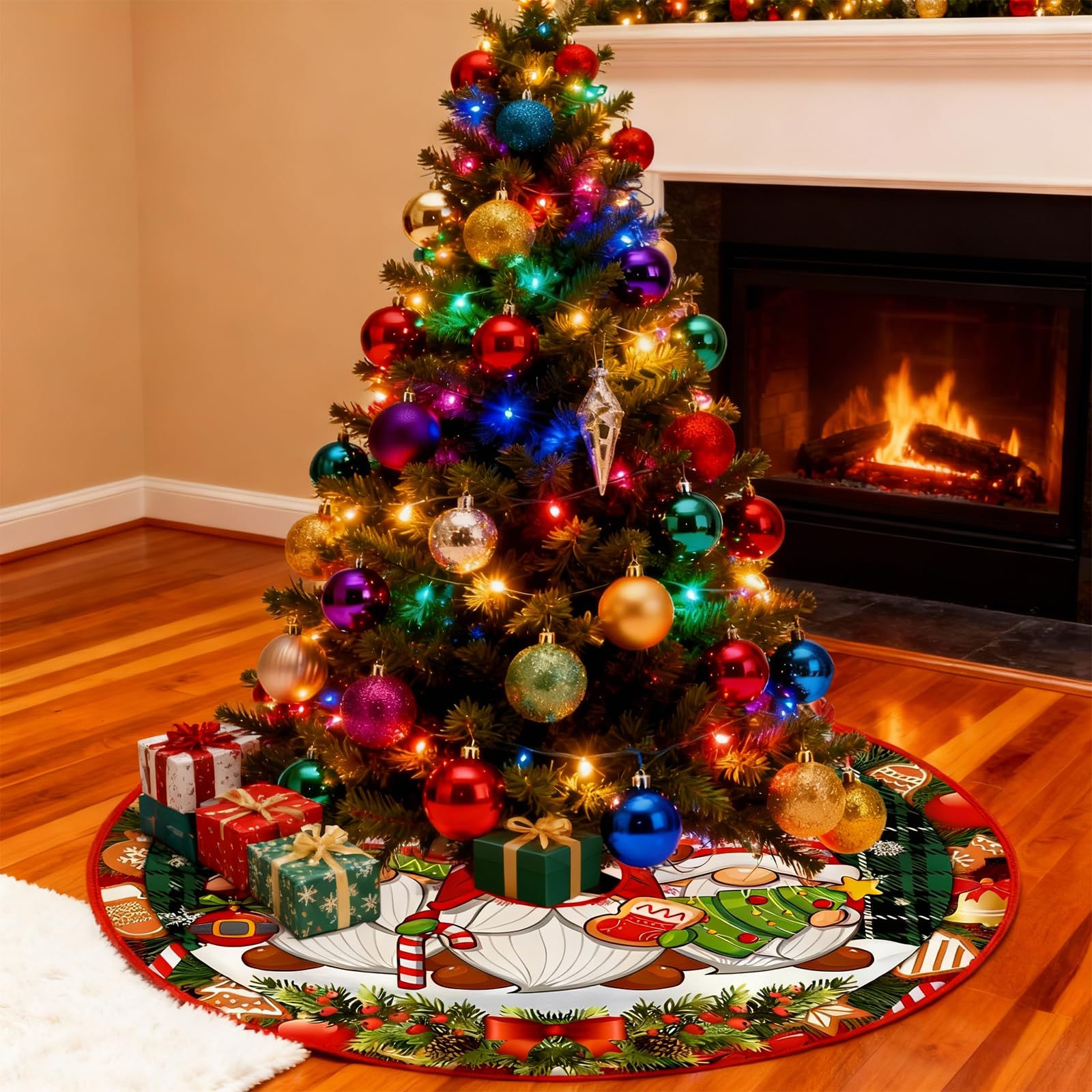 120 Cm Falda De árbol De Navidad Rojo Alfombra, Tapete para Navidad Fiesta De Año Nuevo, (Tres Enanos navideños)