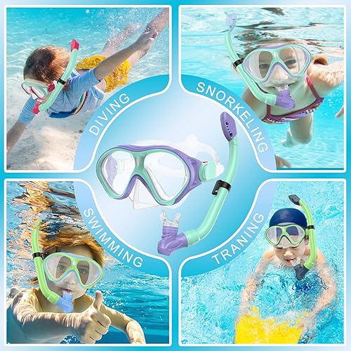 Miniatura 7 de Gintenco Equipo de esnórquel para niños, juego de esnórquel para niños de 6 a 14 años, gafas de natación de vidrio templado antivaho antifugas,