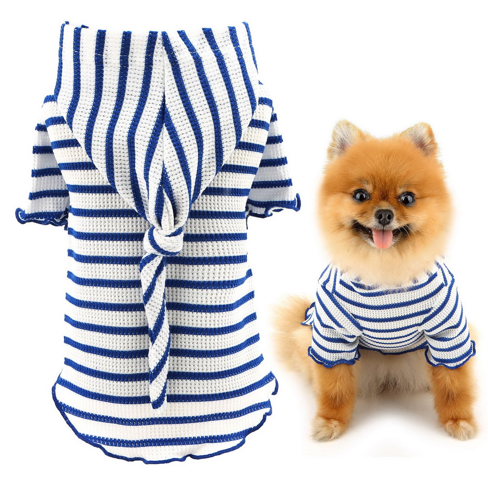 SMALLLEE_LUCKY_STORE Knitted Dog Hoodies Doggy Shirt for Small Dog Striped Pet Pullover T-Shirt with Hood Spring Summer Clothes Breathable Puppy Sweatshirt Chihuahua Yorkie Cat Apparel, Blue, XL
