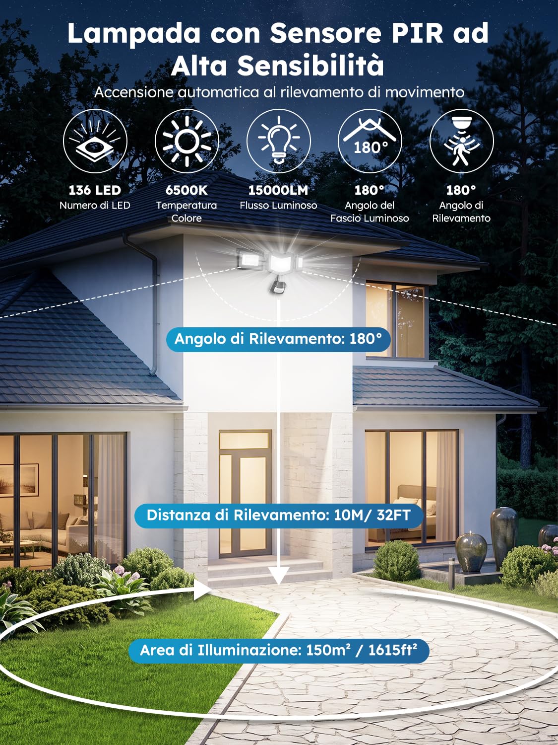 Faretto LED da Esterno con Sensore di Movimento 150W,6500K Bianca Fredda 15000LM Faretti con Telecomando,4 Modalità Timer 3 Teste Fari LED,IP65 Impermeabile Faro Esterno per Giardino Terrazza Garage