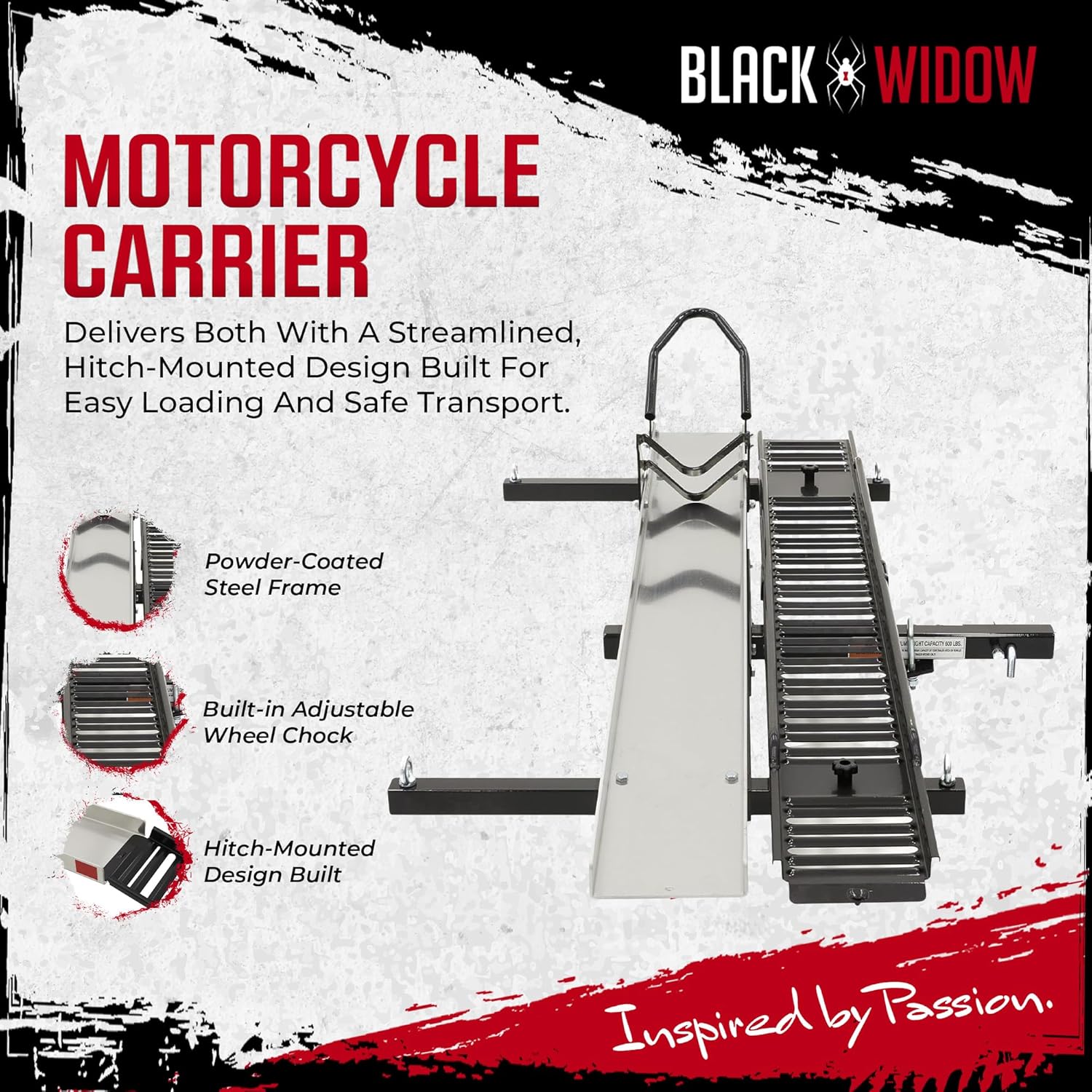 Black Widow Motorcycle Hitch Carrier Heavy Duty Steel and Aluminum Extra Long 6FT Loading Ramp 600 lb. Capacity Anti-Rattle Included Fits 2" Receiver