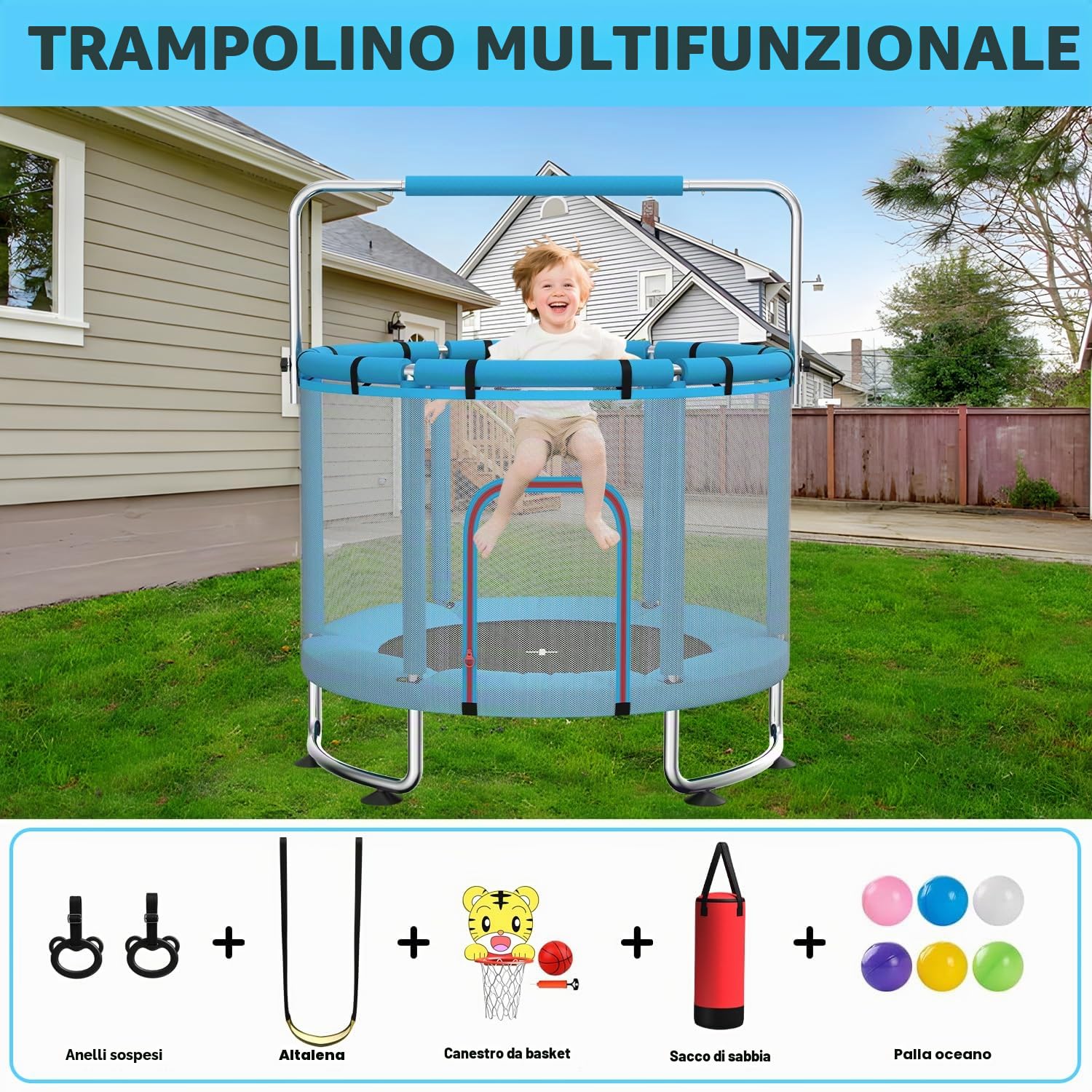 Trampolino per bambini da 140 cm per interni/esterni, capacità di carico 50 kg, con rete di sicurezza, barra da ginnastica regolabile e canestro da basket, regalo per bambini e bambine