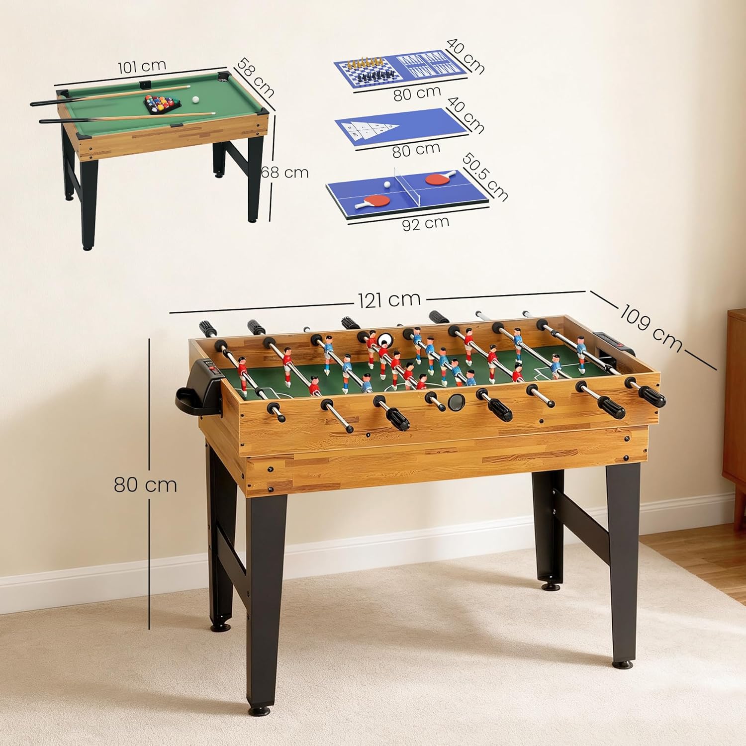 Diagram showing the dimensions of the SPORTNOW 13-in-1 multi-game table and its interchangeable game boards.