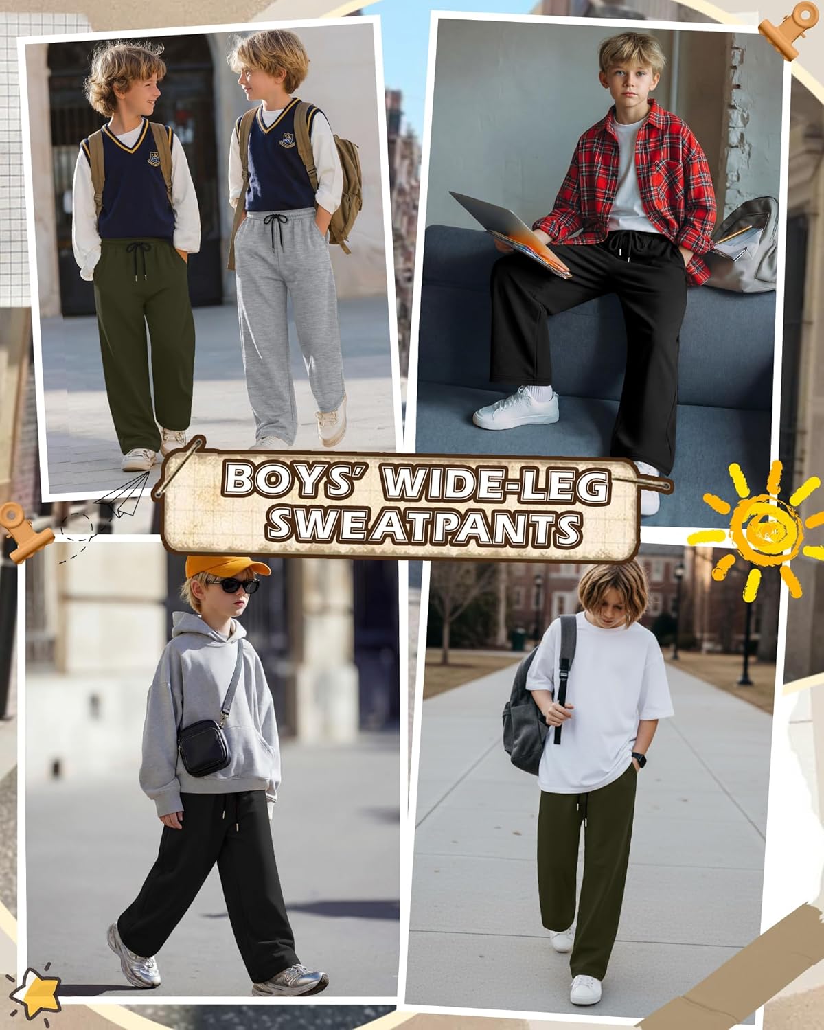 3 Pcs Boys Sweatpants Wide Leg Open Bottom Drawstring Elastic High Waist Joggers Baggy Athletic Pants with Pockets - Image 2