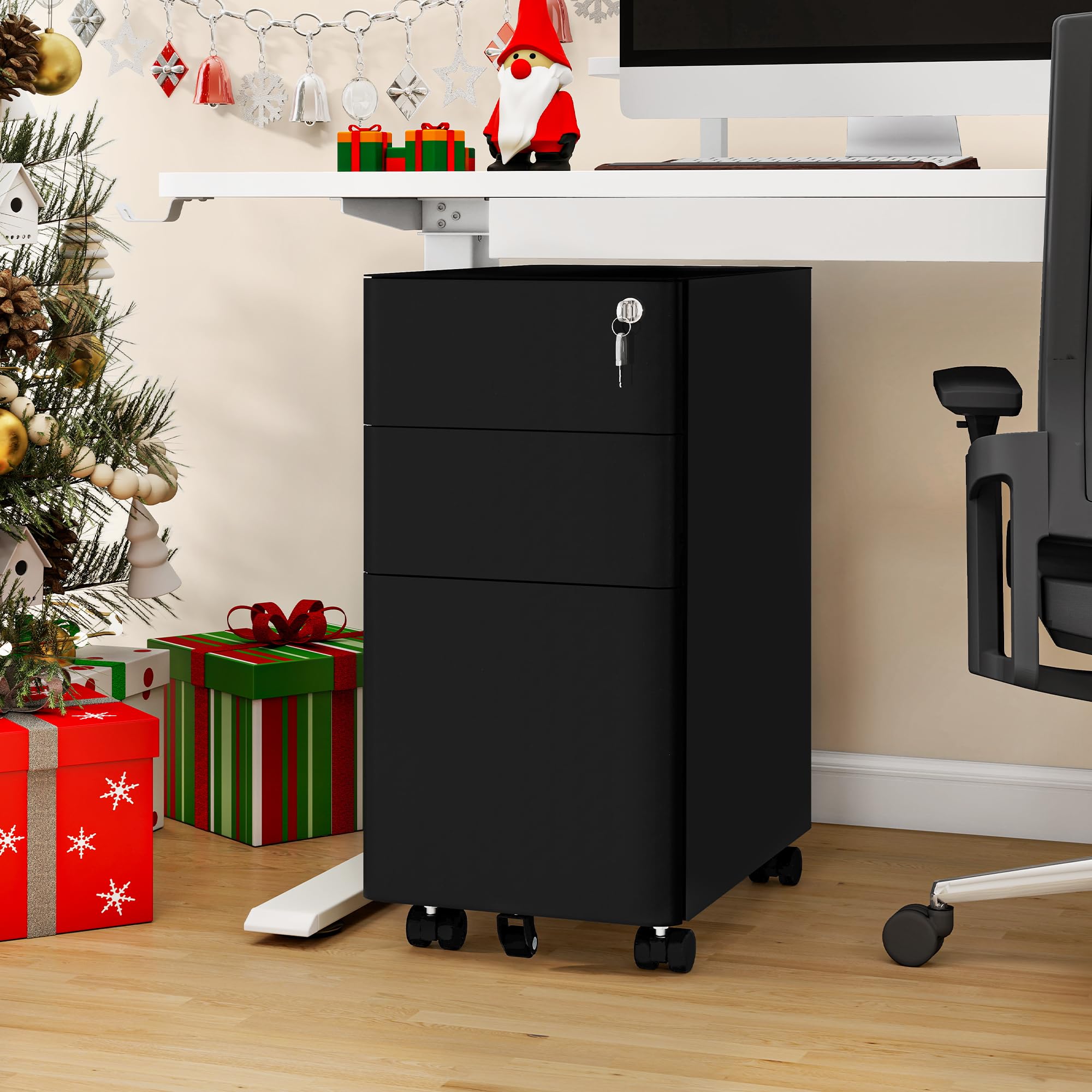 YITAHOME Armoire de classement à 3 tiroirs verrouillable, pour Bureau à Domicile avec Roue, Armoire de Bureau pour Lettre/légal/A4, entièrement assemblée, Noir, 30 x 45 x 61 cm