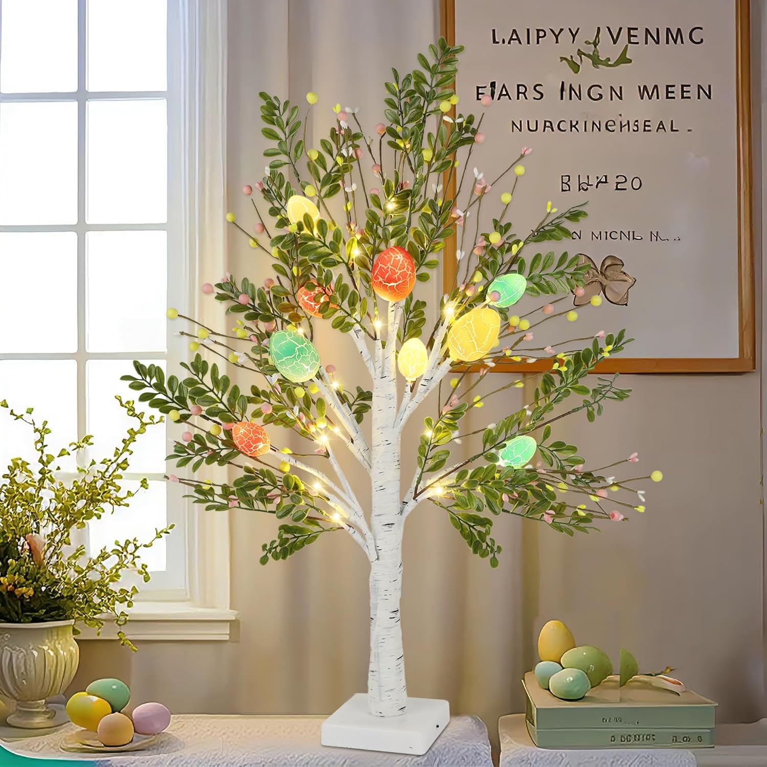 DR.DUDU 27 Inch Easter Decor for Home – 2 Pack Lighted Easter Trees, Light Up Birch Trees with Easter Egg, Tabletop Spring Decor for Mantel Indoor Office