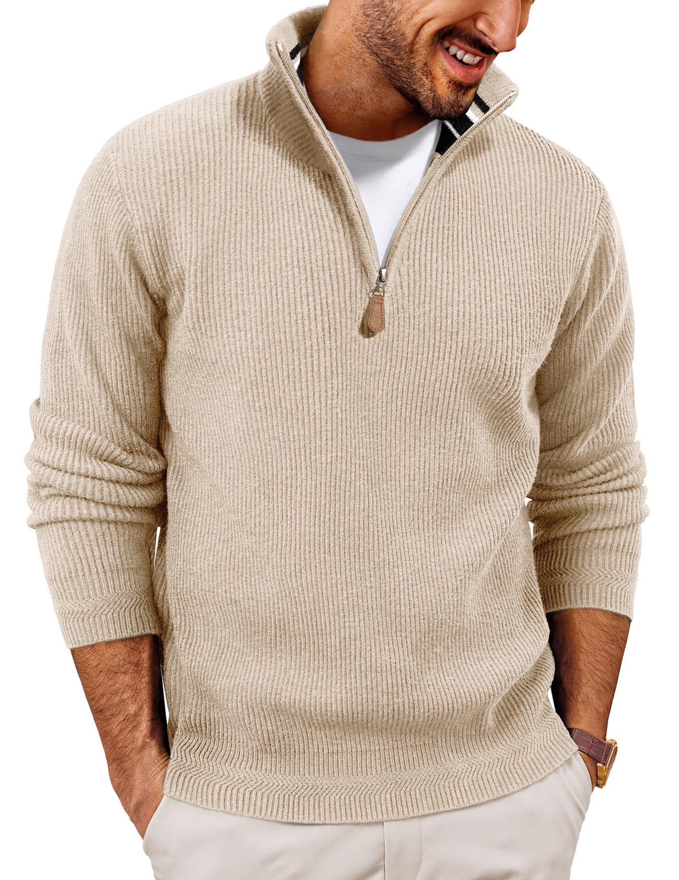 pj paul jones Men Quarter Zip Pullover Sweaters Lightweight Knit Dress Sweater for Glof Work Casual, Apricot, Medium-picture-55