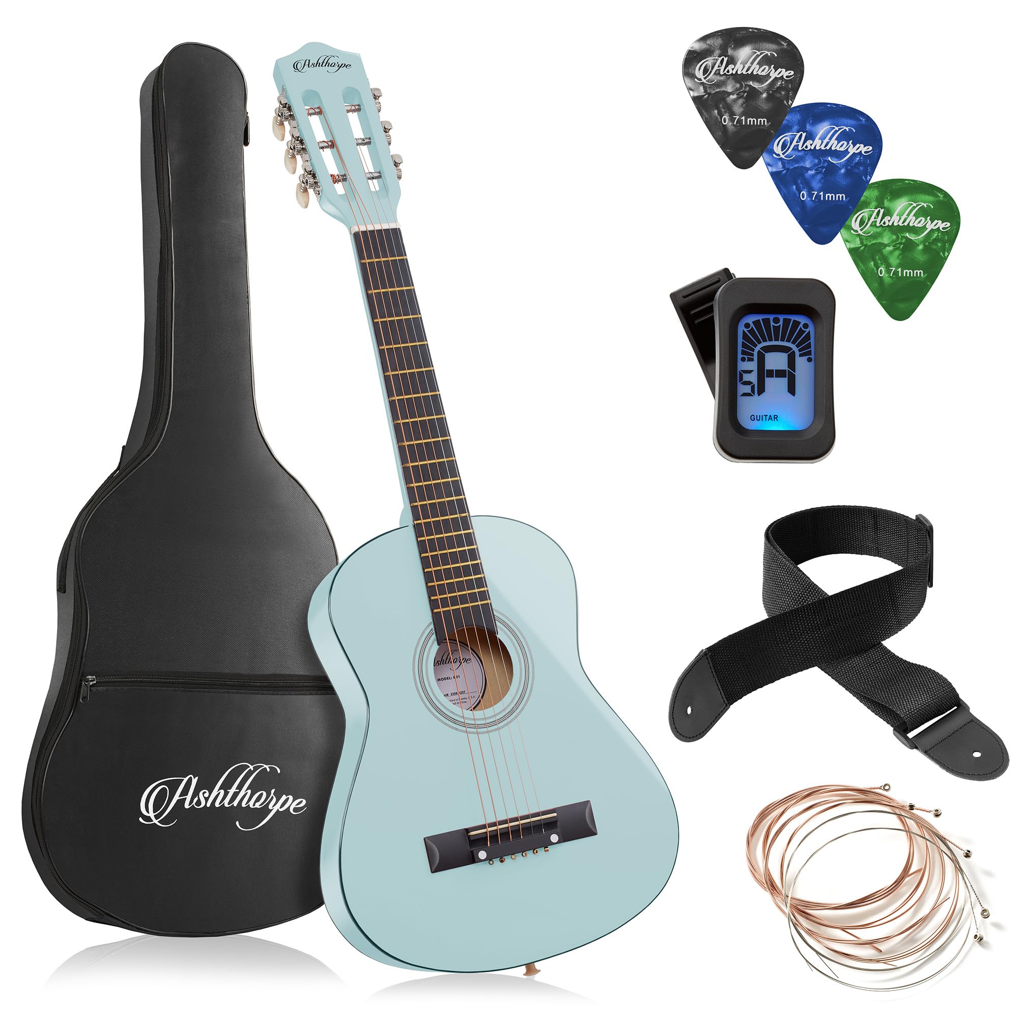 Ashthorpe Guitare acoustique pour débutant (bleu clair) - Kit de démarrage basique avec sac de transport, cordes, sangle, accordeur, médiators - 76,2 cm