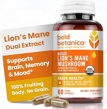 Bold Botanica Organic Lions Mane Supplement Capsules - 100% Fruiting Body Dual Extract - 115mg Beta-Glucans - Lions Mane Mushroom Extract for Brain, Memory & Mood, Immune Support - 60 Vegan Capsules