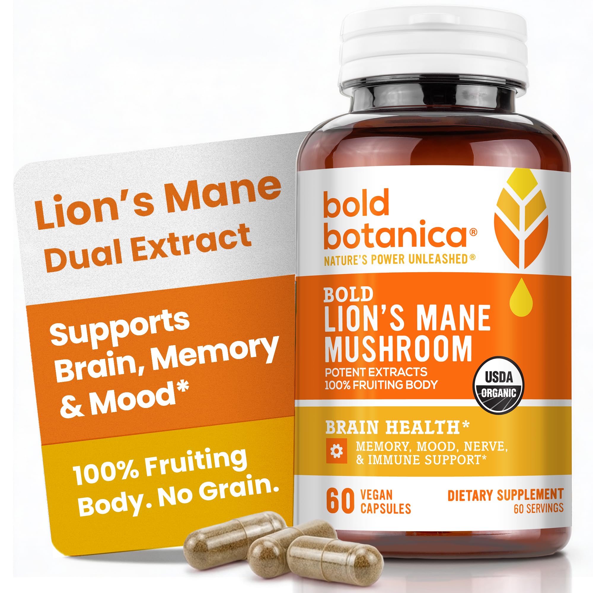Organic Lion's Mane Mushroom, Fruiting Body Extract, Brain Health, 60 Caps