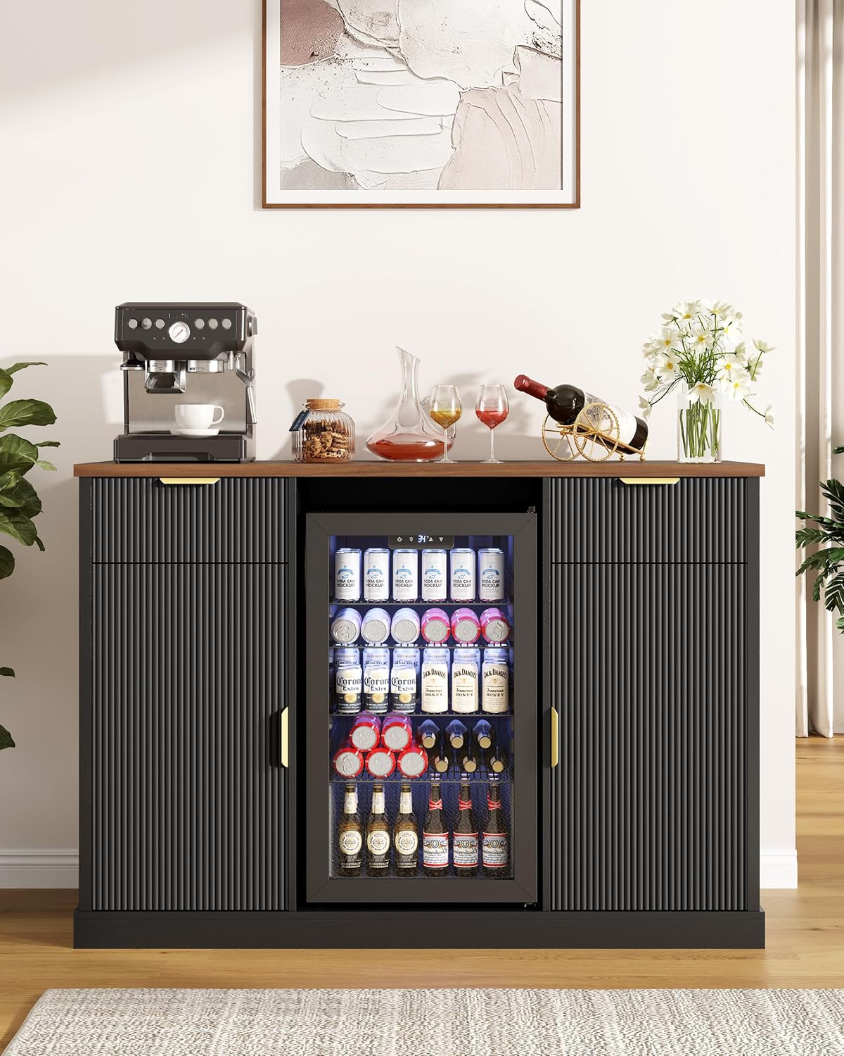 Otterease 55" Large Coffee Bar Cabinet with Fridge Space and Built-in Outlets, Modern Fluted Wine & Liquor Bar Cabinet, Buffet Sideboard Storage Cabinet for Living Room, Dining Room or Home Bar, Black