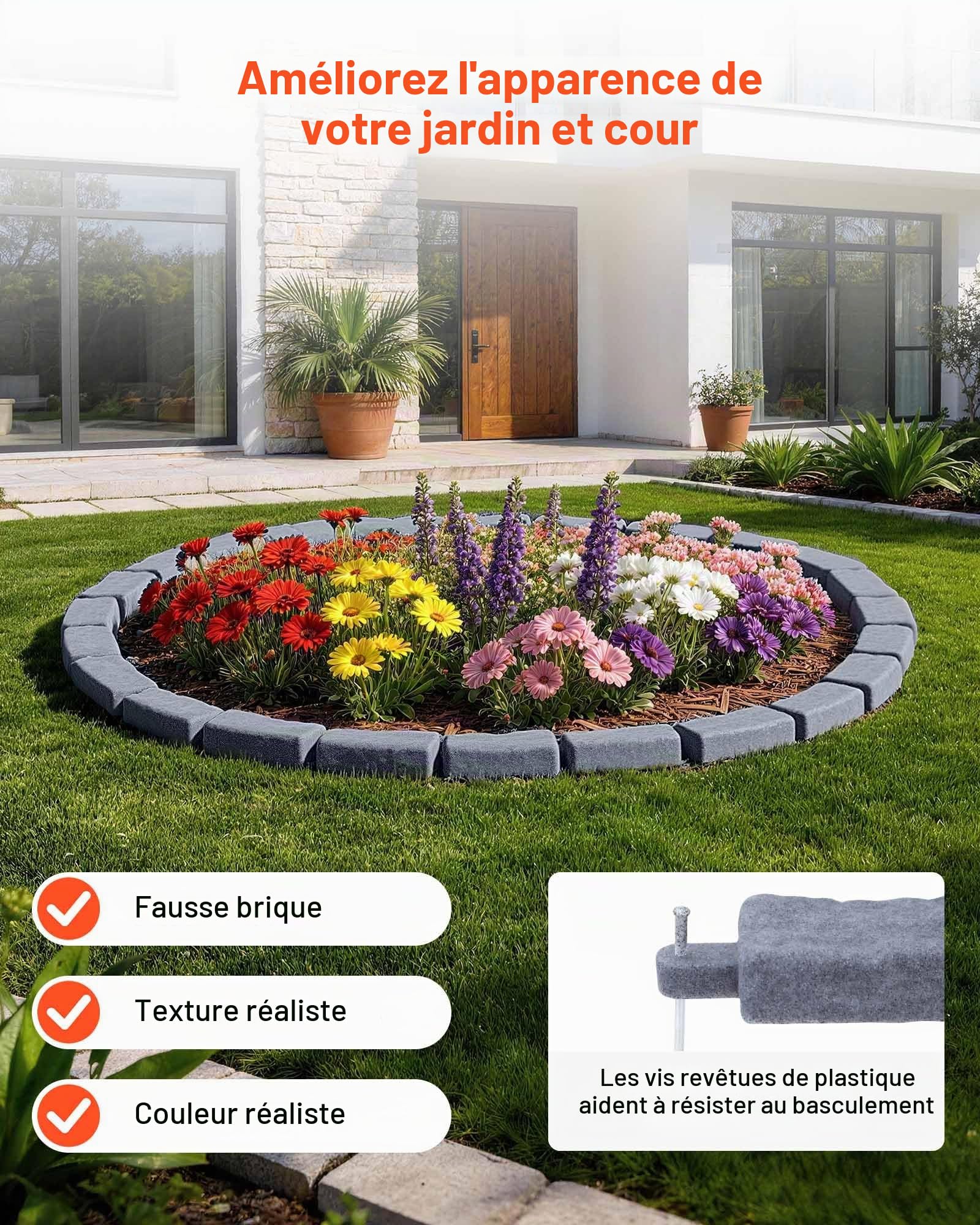VEVOR Bordure de Jardin Imitation Pierre 4,7 m Bordure Parterre Aspect Pierre Plastique pour Pelouse Allée, Lot de 4, 6 Briques par Section 1180x95x57 mm, 12 Piquets, 1 Embout, sans Creuser, Gris Grès