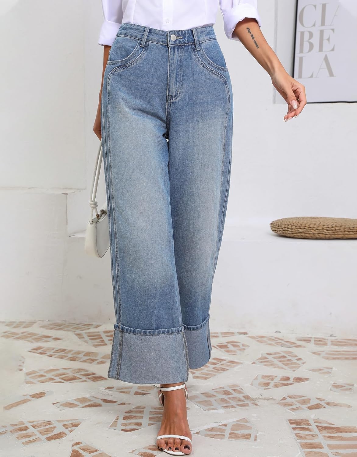 Ladyful Womens Wide Leg Cuffed Jeans High Waisted Rise Baggy Sweatpant Jeans Straight Leg Denim Pant Trouser