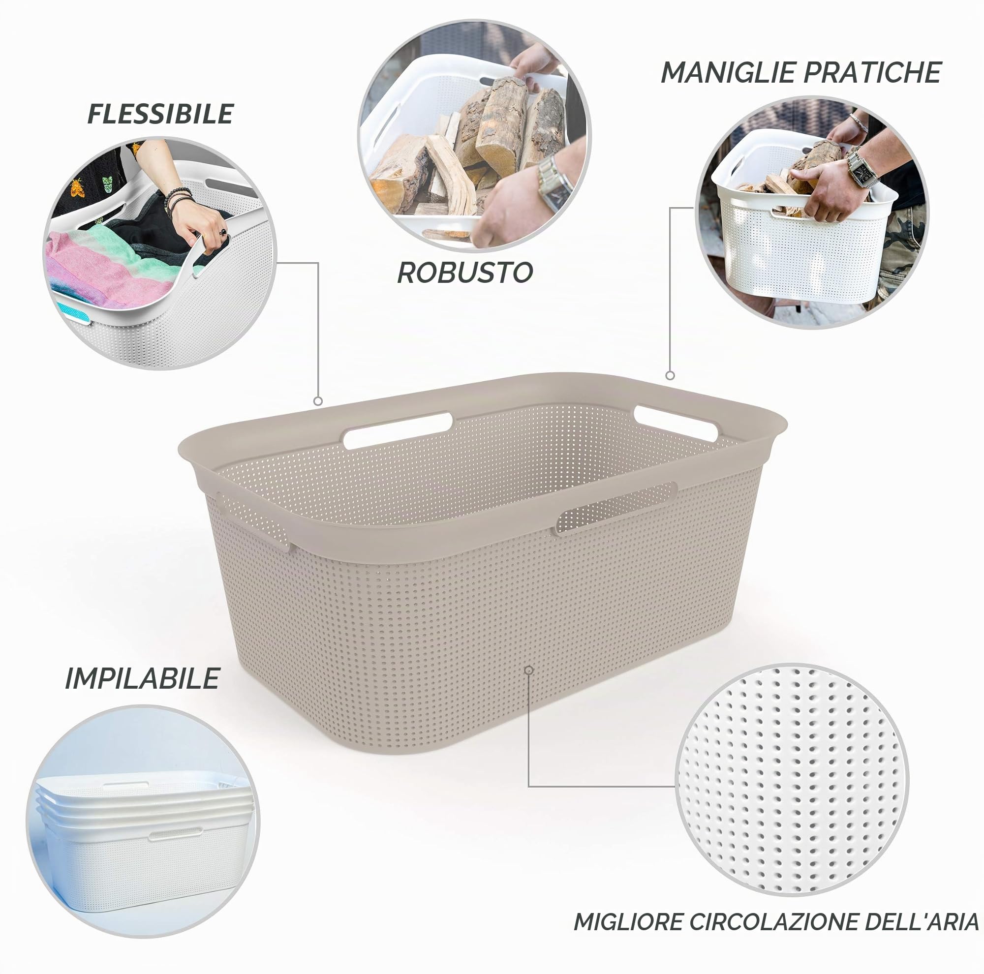 Rotho Brisen Set di 4 Cesti per la Biancheria da 40L, Beige | Contenitori flessibili in plastica senza BPA, impilabili, con fori di ventilazione e 4 maniglie, 60 x 40 x 23.2 cm