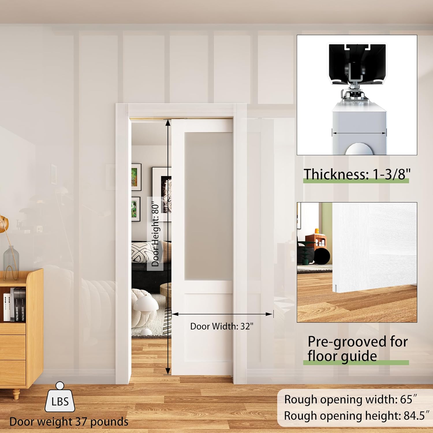 JUBEST Pocket Door 32"x80", 2-Panel Tempered Frosted Glass Sliding Pocket Door with Soft Close Hardware Kit, Sturdy Solid Wood & MDF with Water-Proof PVC Surface, White