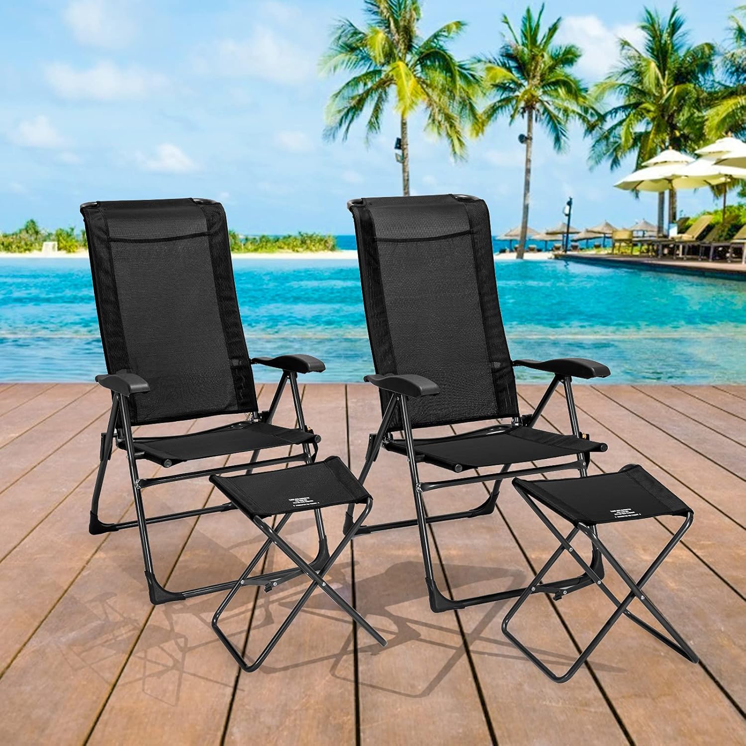 Giantex 4 Pcs Folding Patio Chairs with Footrest, Adjustable Back, 2 Pack Outdoor Portable Sling Patio Dining Chairs for Camping Lawn Bistro Porch Garden Yard Pool, Black