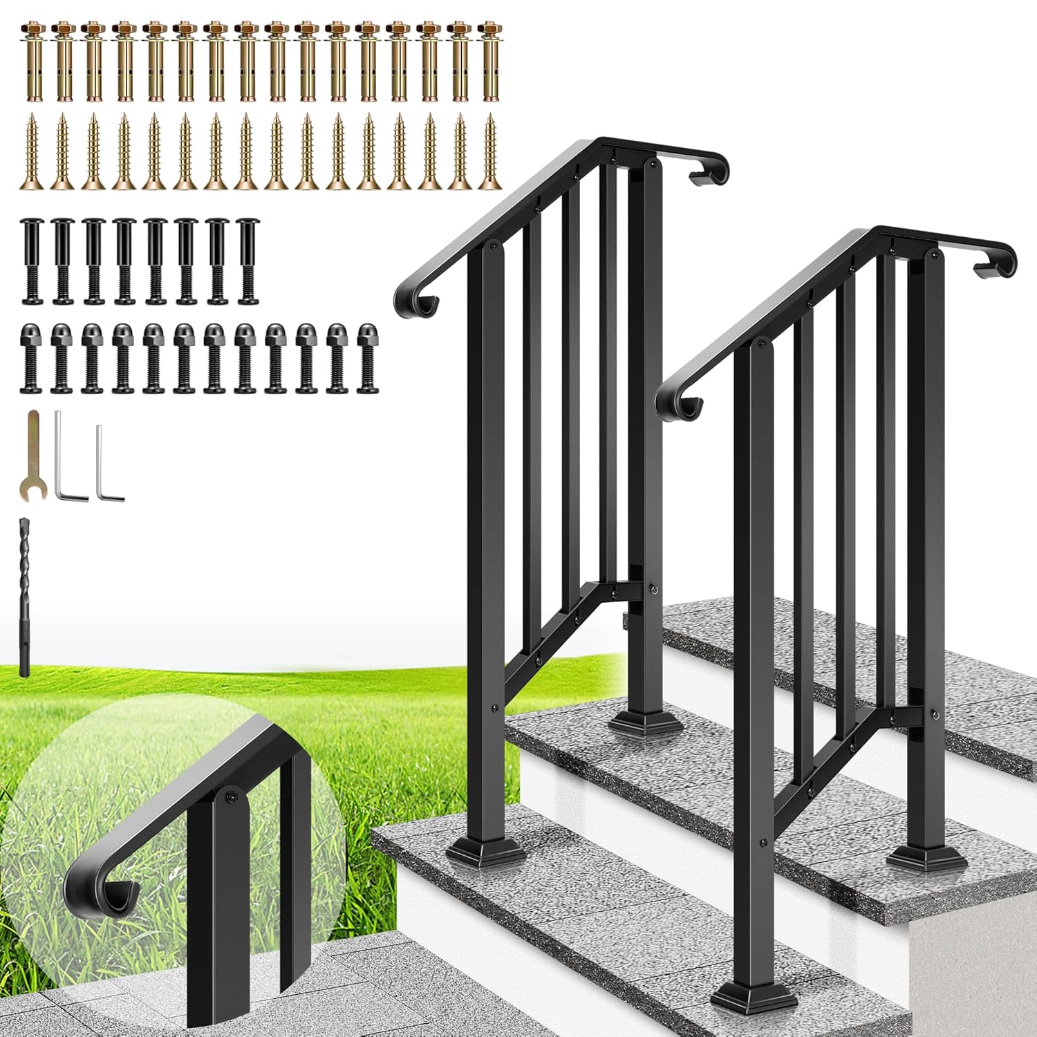 VIVOHOME 2-Pack 2 Step Galvanized Steel Hand Rails for Outdoor Steps – Curved Ends and Safety Balusters Exterior Railing for Porch, Deck, or Indoor Stairs, Complete Installation Kit
