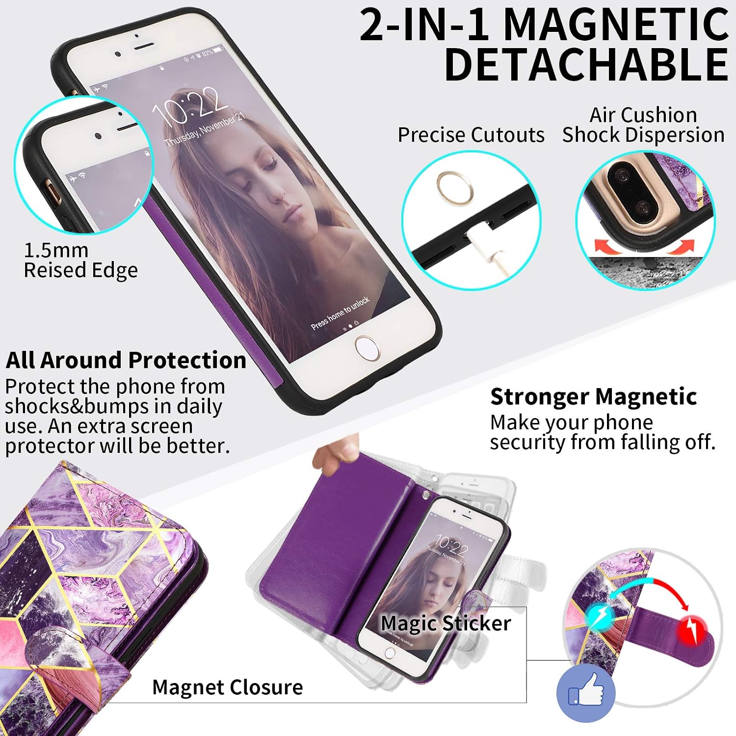 CASEOWL iPhone 8 Plus Case,iPhone 7 Plus Wallet Cases Magnetic Detachable with 9 Card Slots, Hand Strap for iPhone 7 Plus/8 Plus, 2 in 1 Folio Flip Premium PU Leather Wallet Case-Marble Purple