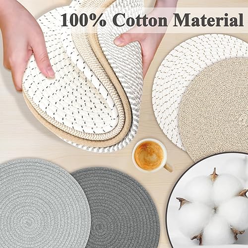 Miniatura 4 de Juego de 4 manteles individuales redondos, manteles individuales gruesos de cuerda de algodón, resistentes al calor, manteles individuales trenzados