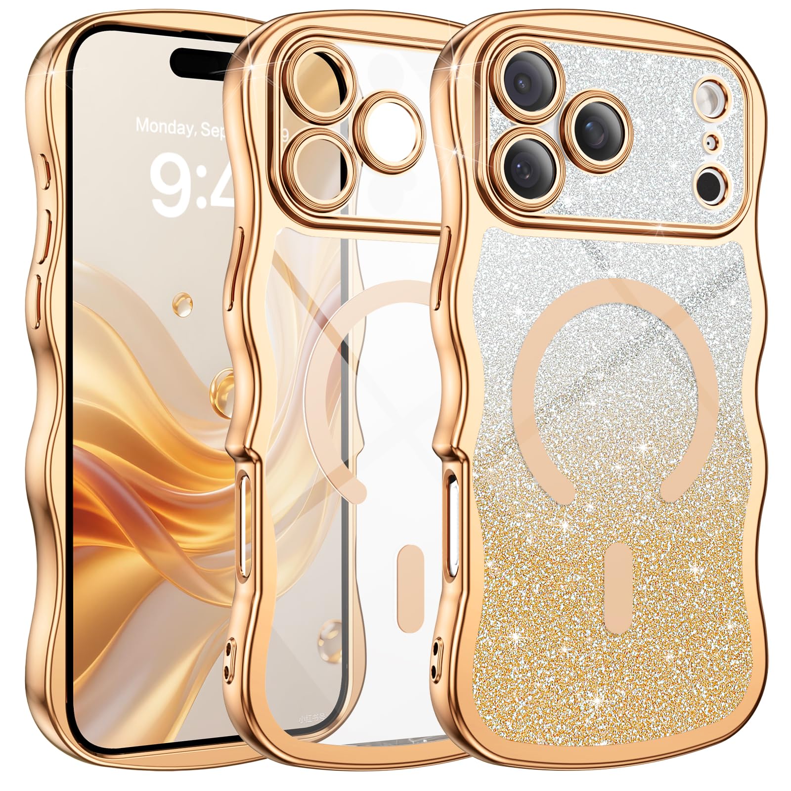 BENTOBEN for iPhone 17 Pro Max Case Clear, [Compatible with MagSafe][Full Camera Protection][Cute Wave Frame][DIY Glitter Cardstock] Electroplated Wavy Shockproof 17ProMax Phone Case, Desert Titanium