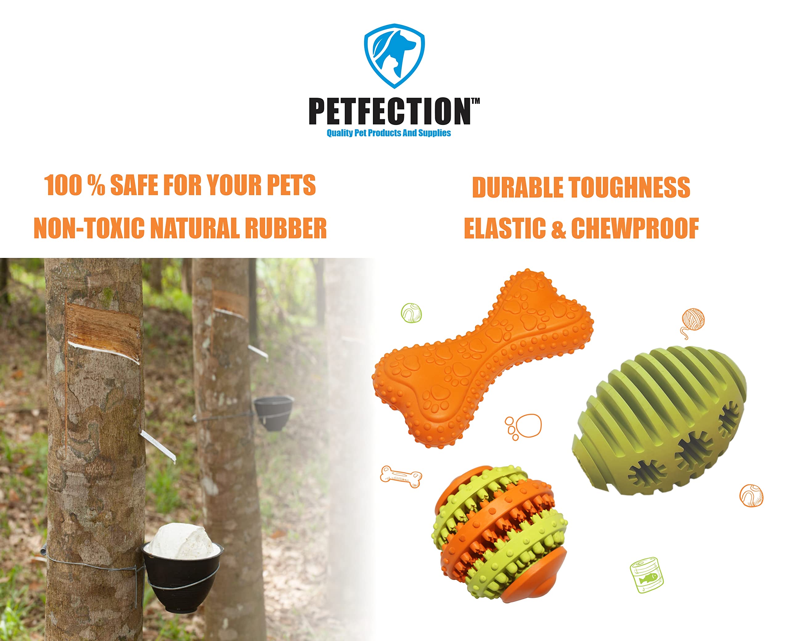 PETFECTION Kauspielzeug für Hunde, 3 Stück, Hundespielzeug für aggressive Kauer, große Rassen, multifunktionale Zahnreinigung und Zahnfleischmassage, Robustes Hundespielzeug aus 100% Naturkautschuk