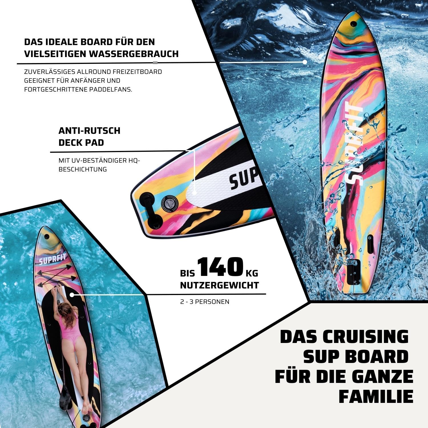 SUPRFIT Stand Up Paddling Board, nadmuchiwana, kompletny zestaw, deska do wiosłowania Stand Up z podwójną warstwą PCW, do paddleboardingu stojącego, maks. 150 kg