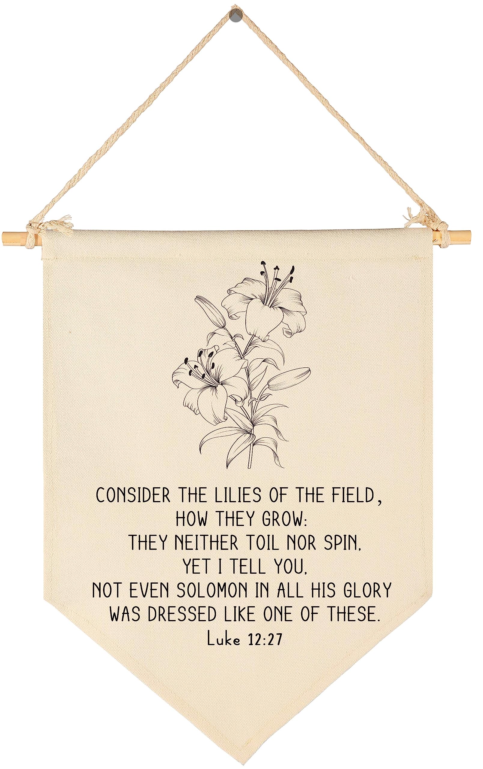 Consider the Lilies of the Field-Botanical Christian Wall Art, Consider the Lillies, Luke 12:27, Floral Bible Verse Banner Pennant Poster, Minimal