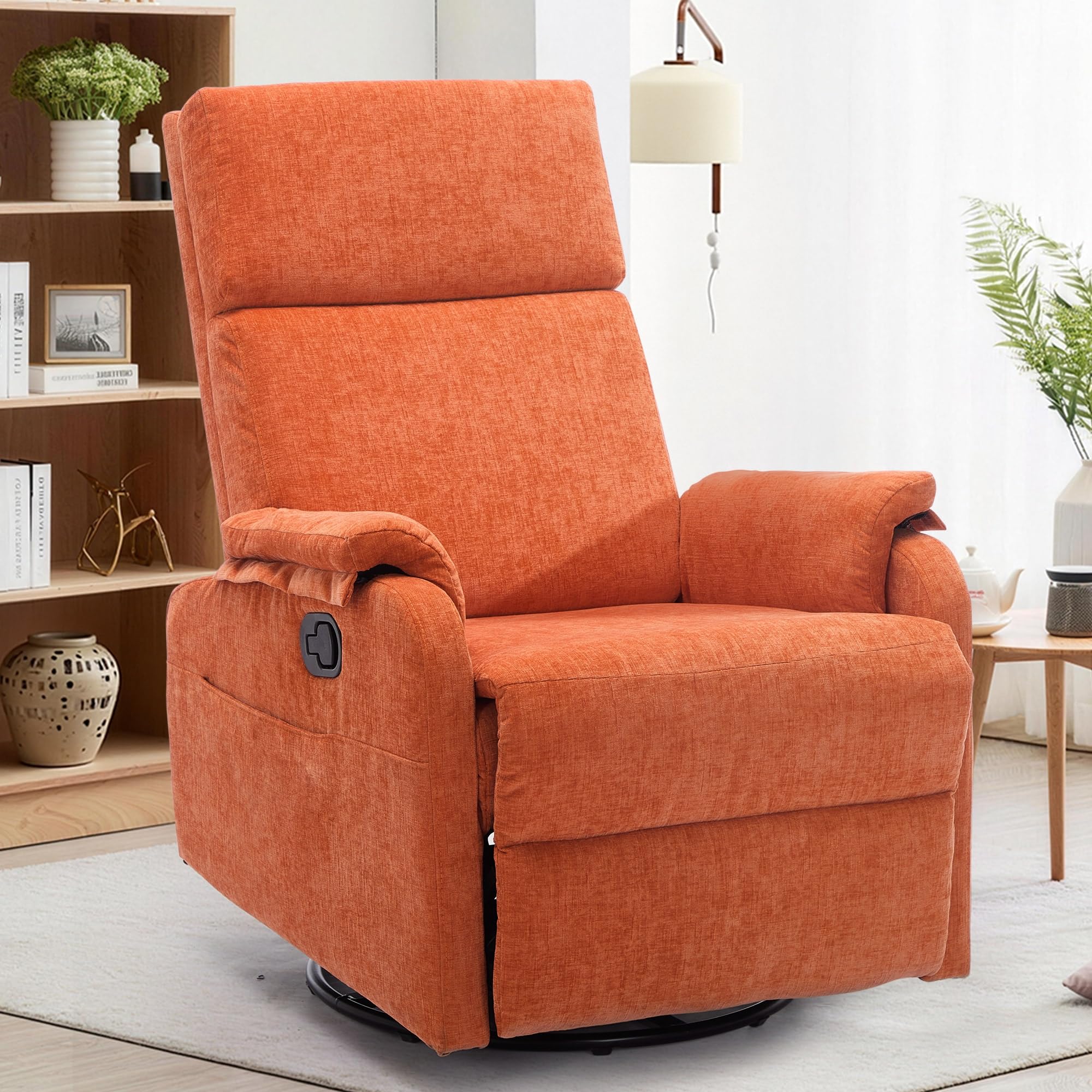 Korser Recliner Chair, Swivel Rocking Recliner Chair for Adults, Glider Rocking Chair, Small Nursery Chair Recliner for Living Room, Reclining Chair with Modern-Designed Armrests, Chenille, Orange
