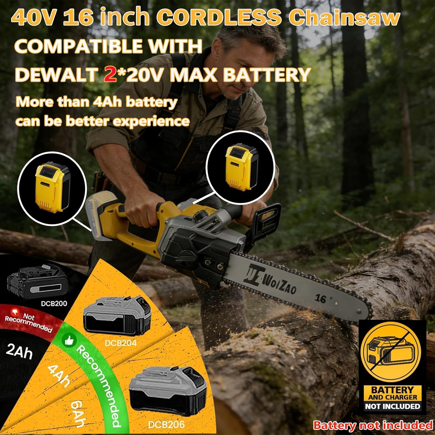 16" 40V Cordless Chainsaw Compatible with Dewalt 2 * 20V MAX Battery,Brushless Electric Chain saw for Wood Cutting, Tree Trimming and Branch Pruning,Tool Only (Battery Not Included)