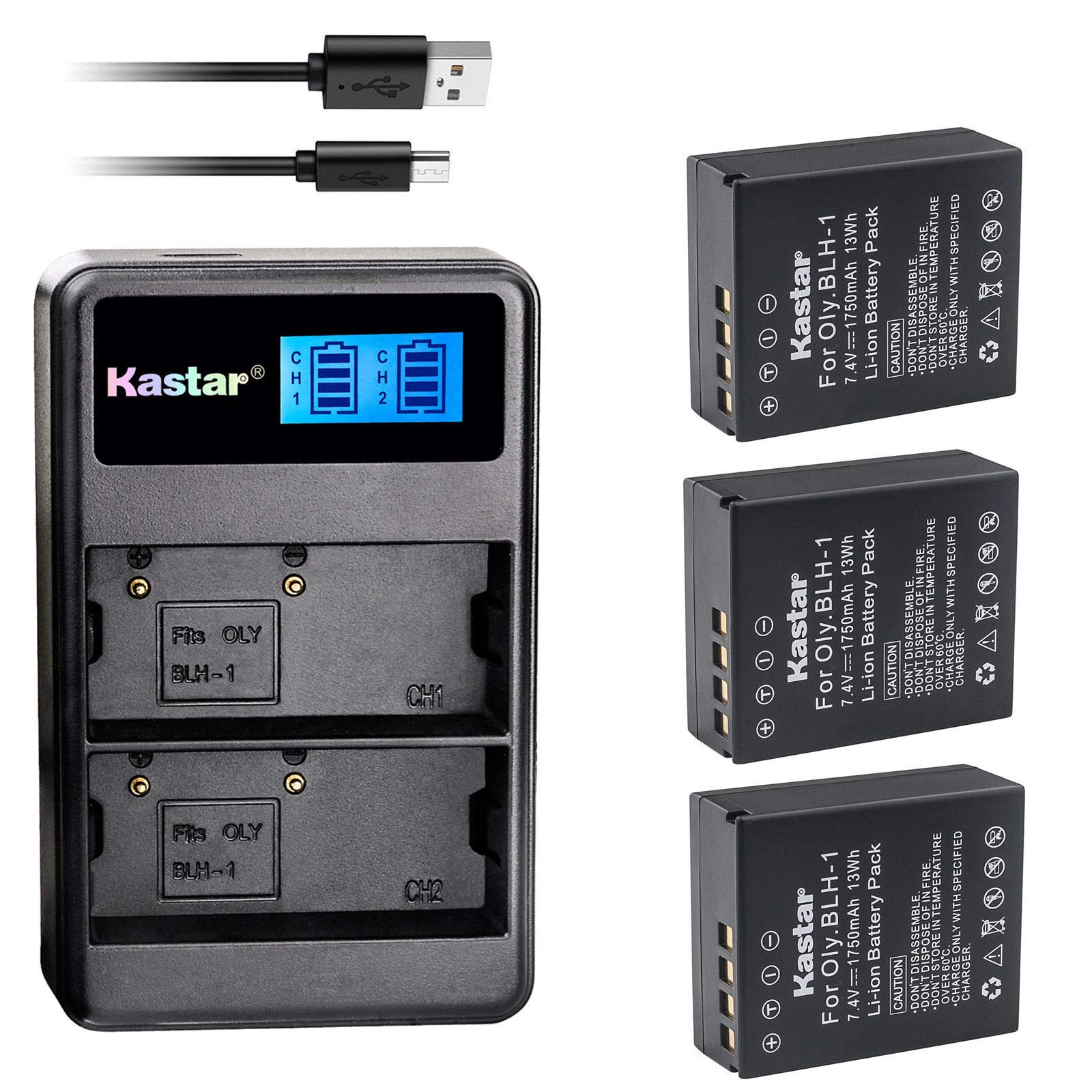 Kastar USB LCD Dual Charger and 3 Pack Battery for Olympus BLH-1 BLH-01 PS-BLH1 BLH1 Battery, BCH-1 