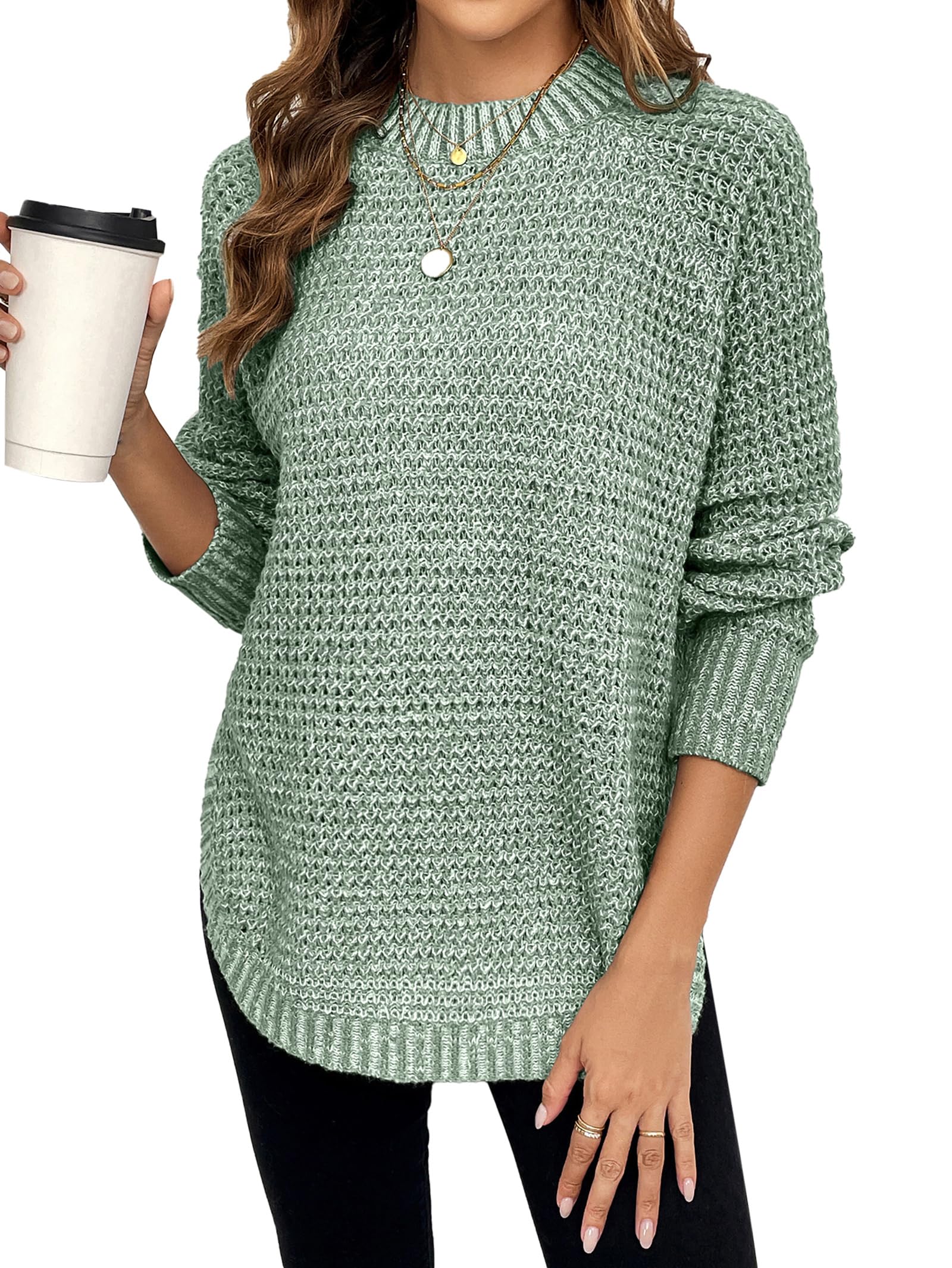 Womens Chunky Waffle Knit Sweater Fall 2025 Trendy Dressy Casual Crewneck Pullover Sweaters