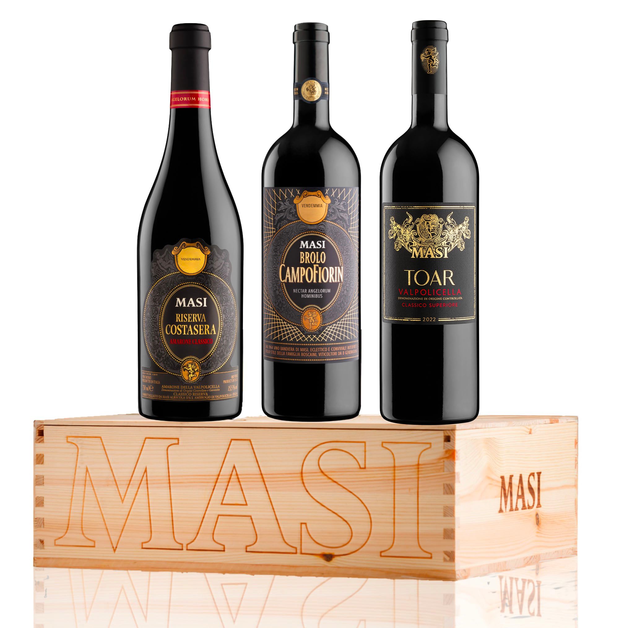 Masi | Exklusive Geschenkbox "OSELETA" | RISERVA COSTASERA 2019 Amarone Classico DOCG, BROLO CAMPOFIORIN 2022 Rosso Verona IGT, TOAR 2023 Valpolicella Superiore DOC | 3X750 ml | Holzkiste