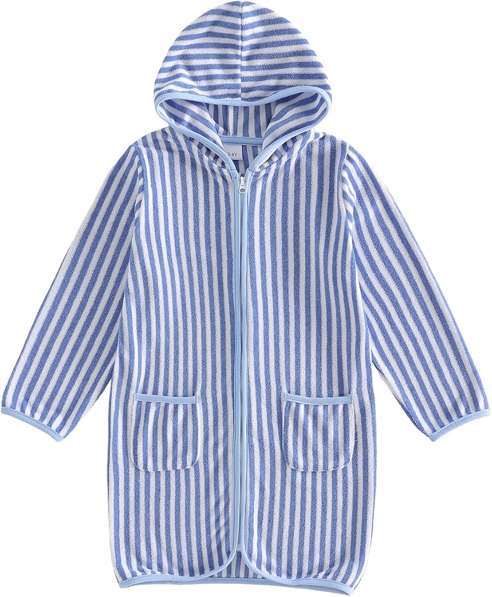 Boys Girls Hooded Terry Coverups One Piece Swimsuits Beach Zip Up Long Sleeve Striped Swim Cover Up Swimwear