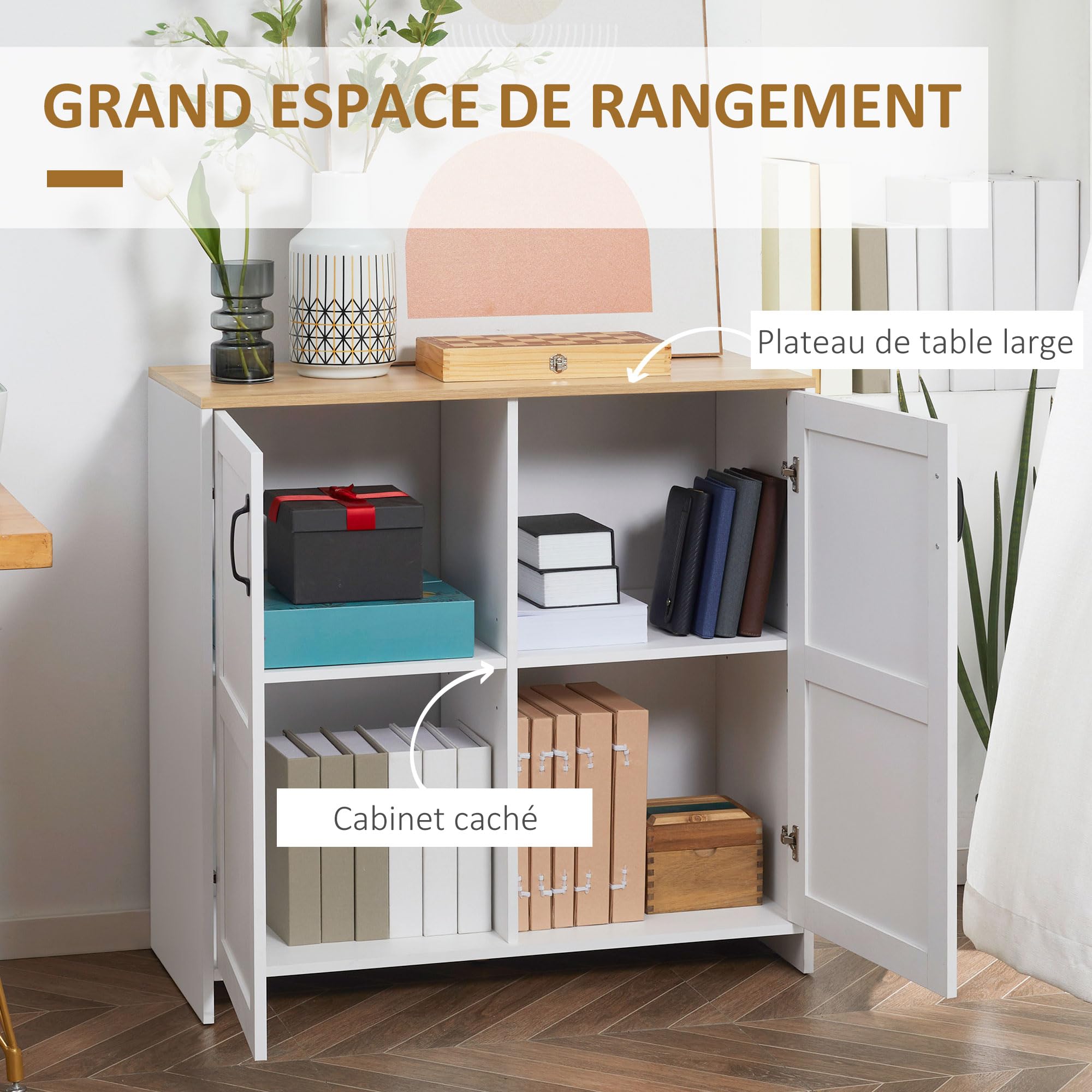 HOMCOM Armoire Meuble de Rangement Blanc et Aspect Bois 90 x 39,5 x 88 cm