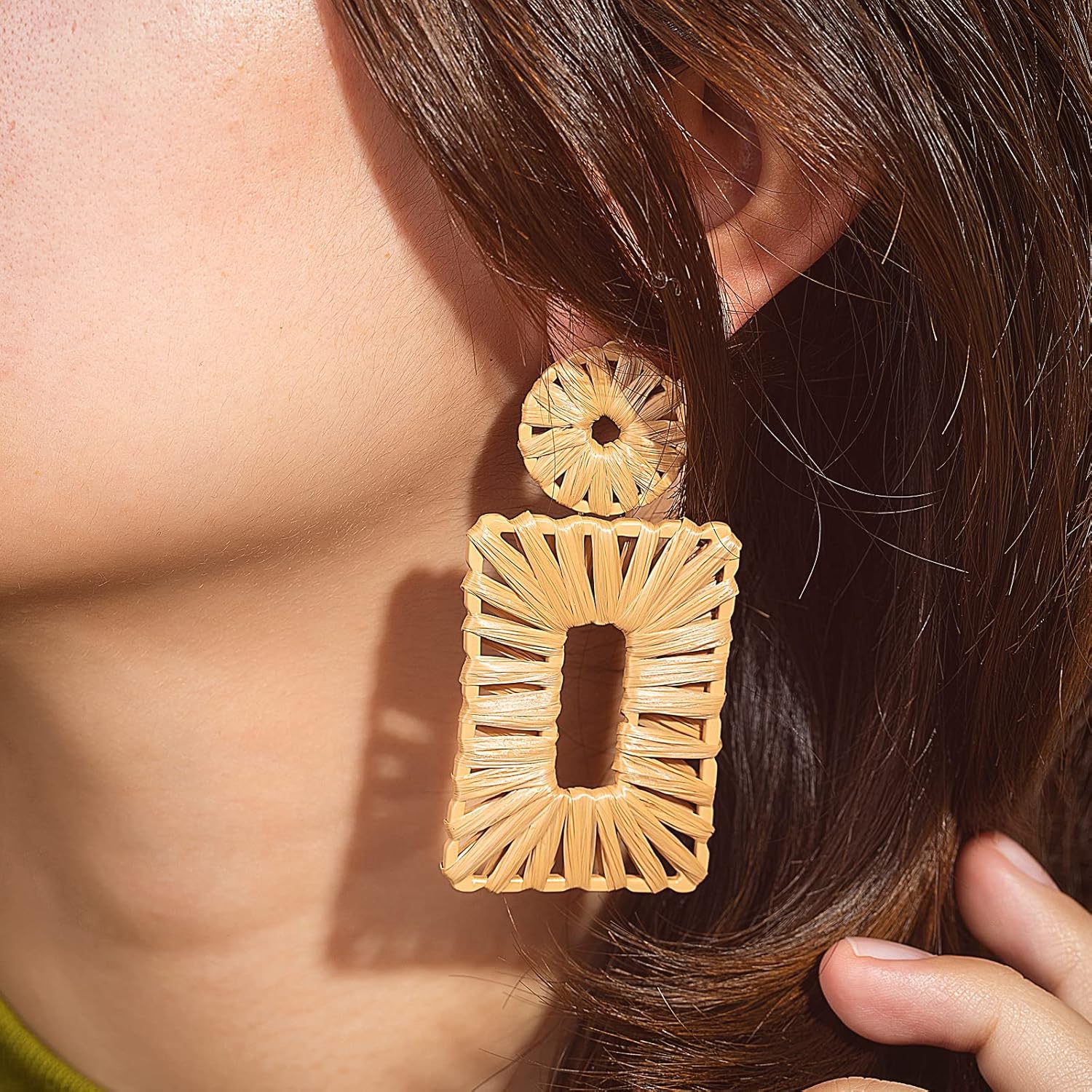 Statement Raffia Earrings Boho Square Drop Earrings Geometric Dangle Earrings for Women Gift Jewelry - Image 2