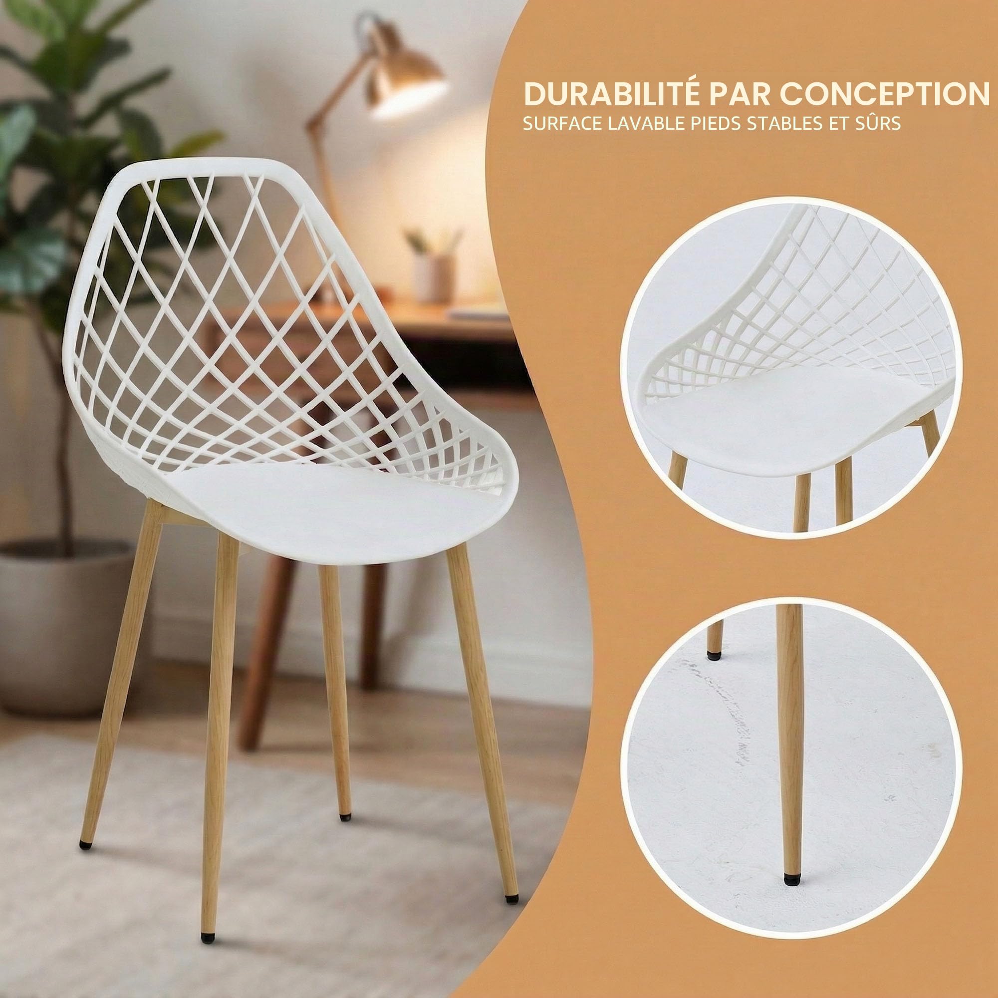 Lot de 4 chaises de bistrot avec Assise en polypropylène et Cadre en métal pour Balcon, pelouse et Bord de Piscine, Blanc
