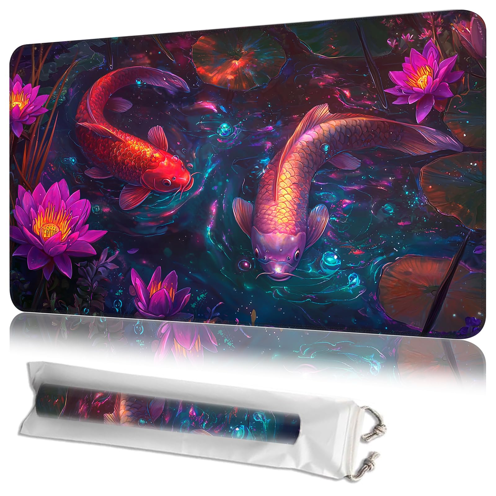 JANENFNA TCG Card Playmat 24" x 14" with Storage Bags for MTG Game Play Mats, Premium Stitched Non-Slip Rubber Tabletop Magic Play Mats Desk Duel Card Breaking Mats, Koi Fish Lotus — image 1