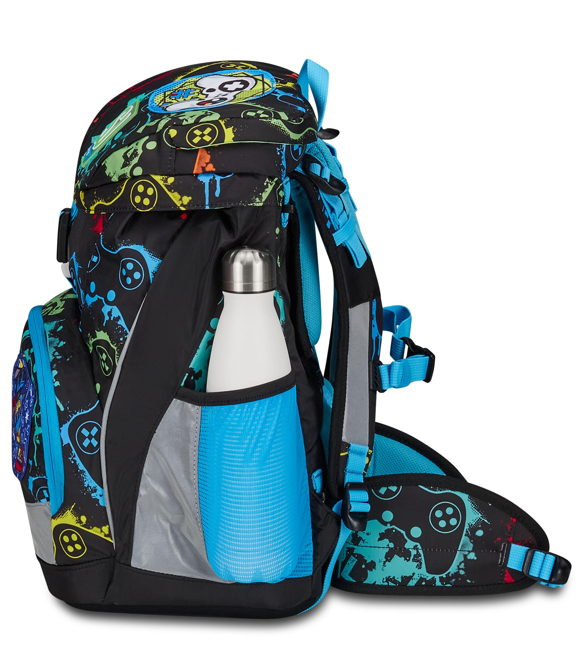 SJ GANG STYLE JAM GANG Zaino Scuola Updown Soft, Nero, Multicolor Game, Monoscomparto con Cinghia Vita Regolabile, Tasca Laterale Zip, Tasca in Rete Porta Borraccia, Elementari, Medie, Bambino Ragazzo