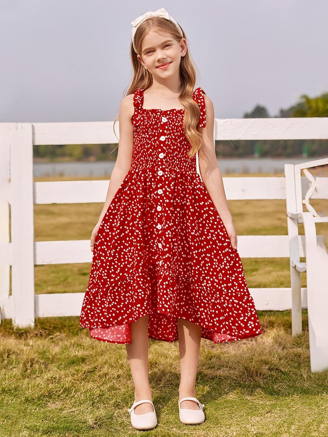 Girls Summer Dress Kids Sleeveless Tie Strap Boho Beach Midi Dress Smocked Ruffle Flowy Sundresses - Image 2