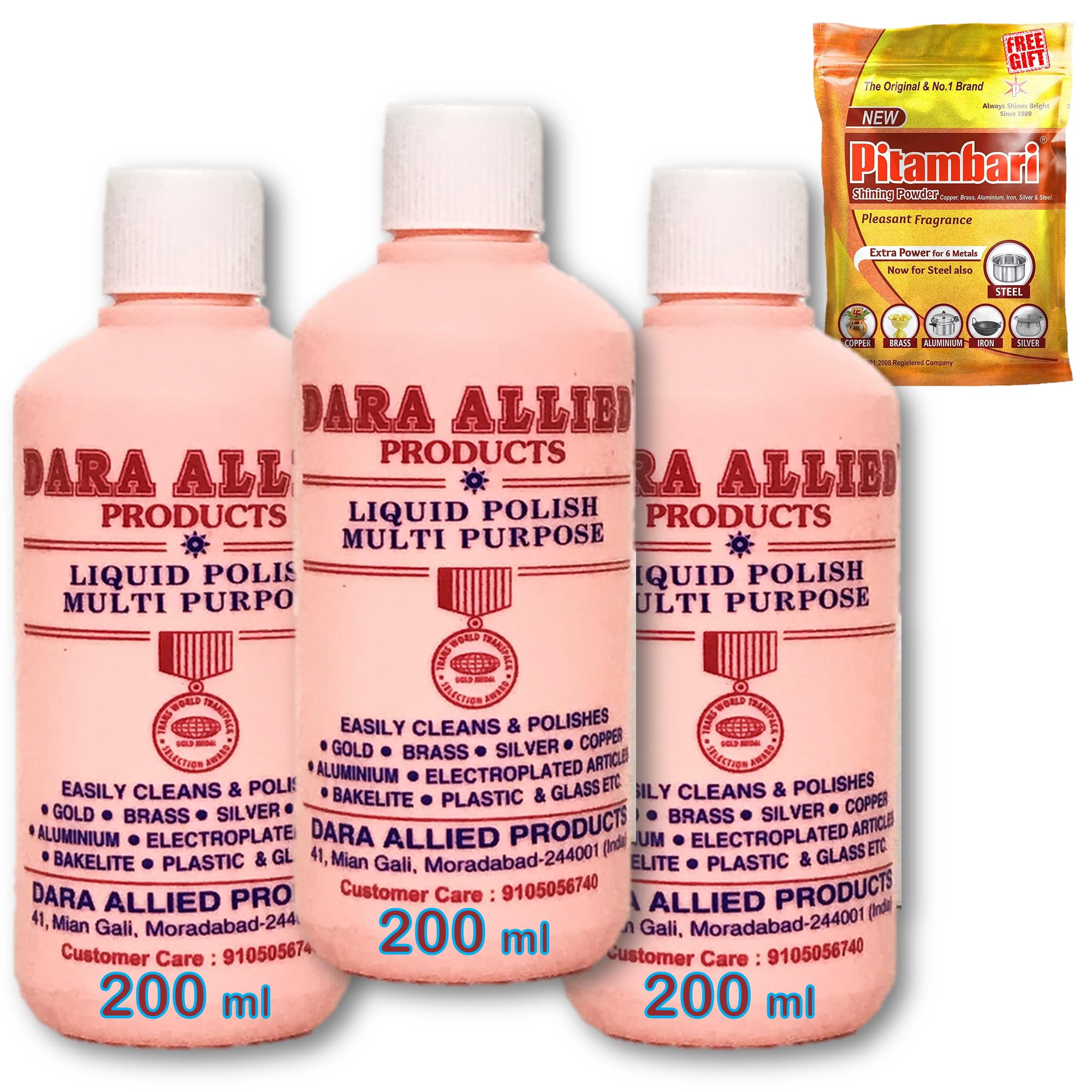 Dara Allied Liquid brass silver polish cleaner without metal loss (Brass, Copper, sterling silver, aluminum, stainless steel and gold) Dara Metal Polish,Combo of 3 x 200ml With Scrub Green Pad