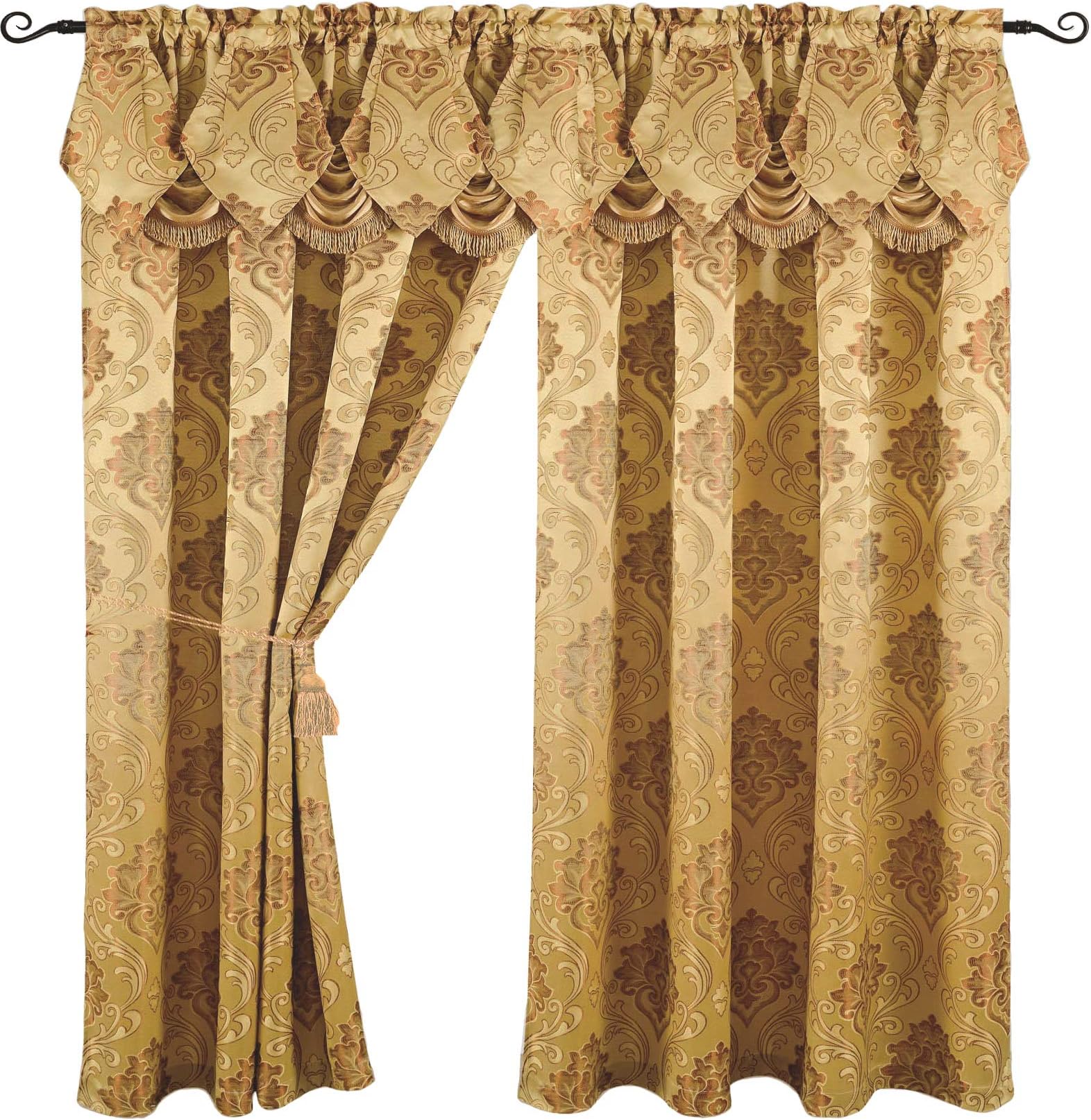 Luxury Jacquard Curtain Panel with Attached Waterfall Valance, 54 by 84-Inch Angelina Gold