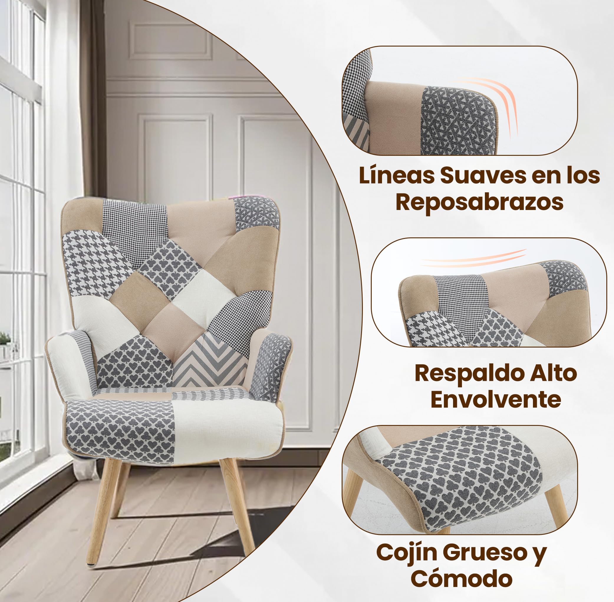 Pack de 2 Sillones de Acento Patchwork, Sillones Tapizados de Tela de Lino con Respaldo Alto y Patas de Madera para Salón, Dormitorio y Sala de Espera, Gris