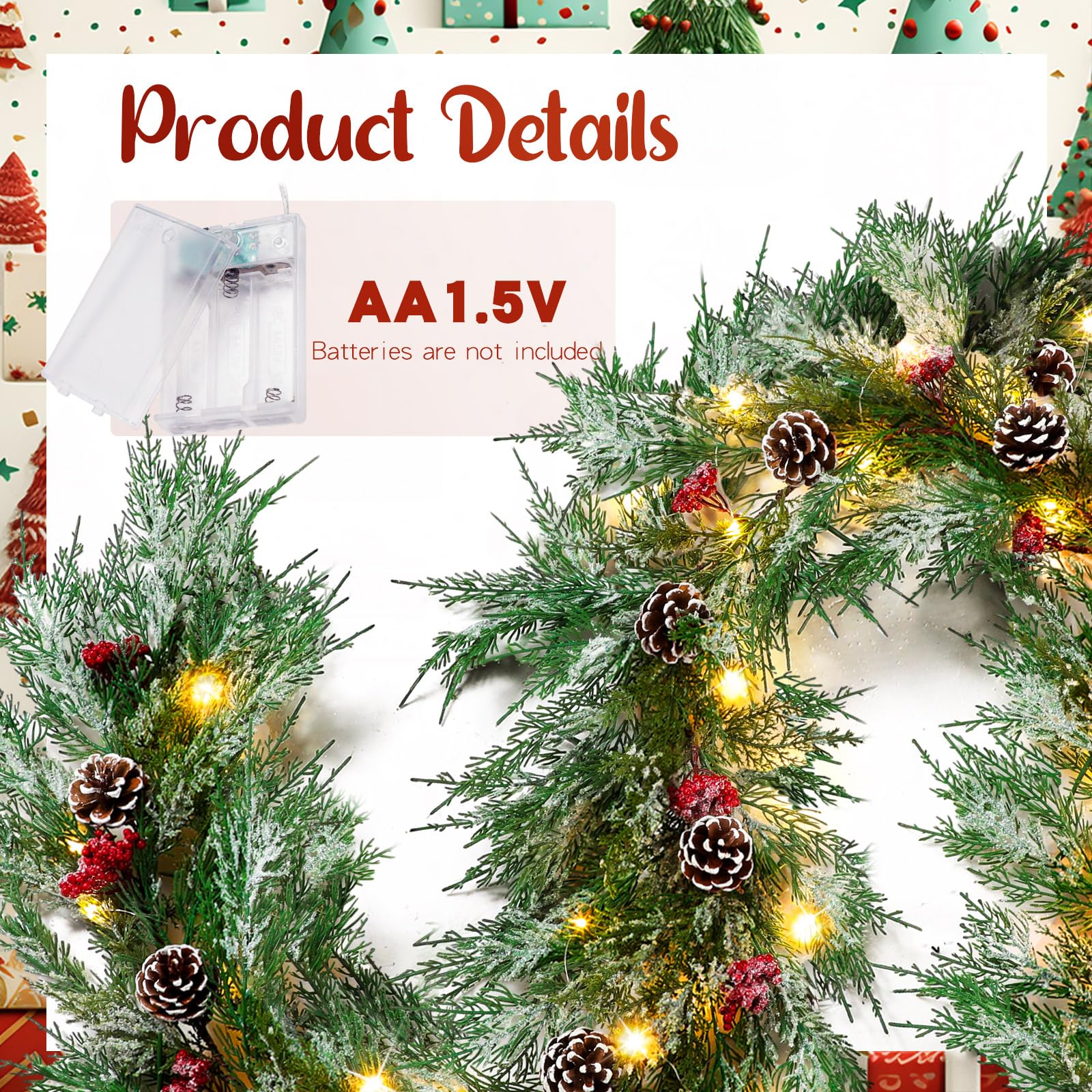 Cindeer 2 Pcs Prelit Christmas Garland, 12 ft LED Lighted Christmas Garland with Pine Cones Red Berries for Mantel Outdoor Indoor Decoration(Needle Leaves)