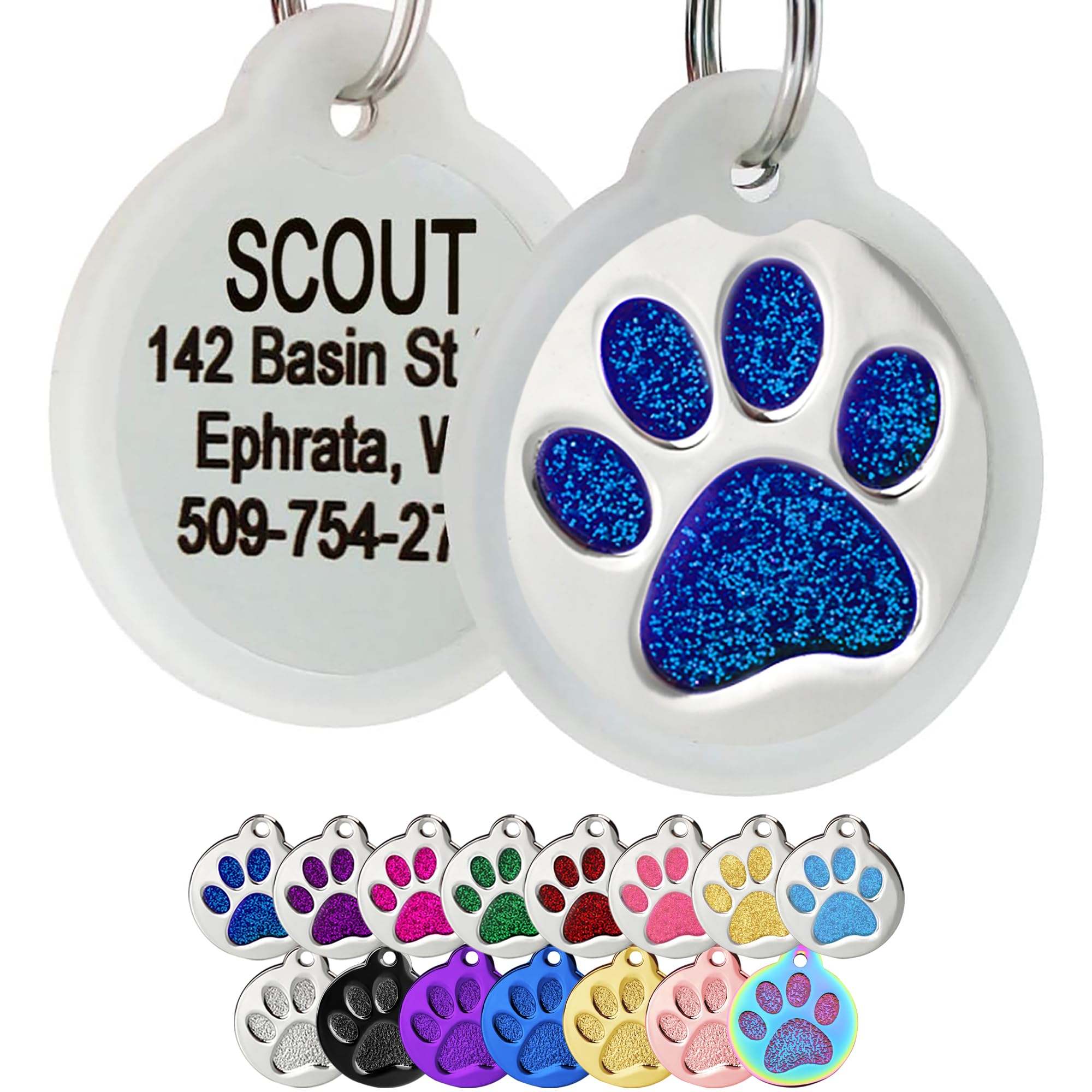 GoTags Paw Print Round Stainless Steel Pet Tag for Dogs and Cats, Personalized with 4 Lines of Custom Engraved ID with Silencer, in Stainless Steel